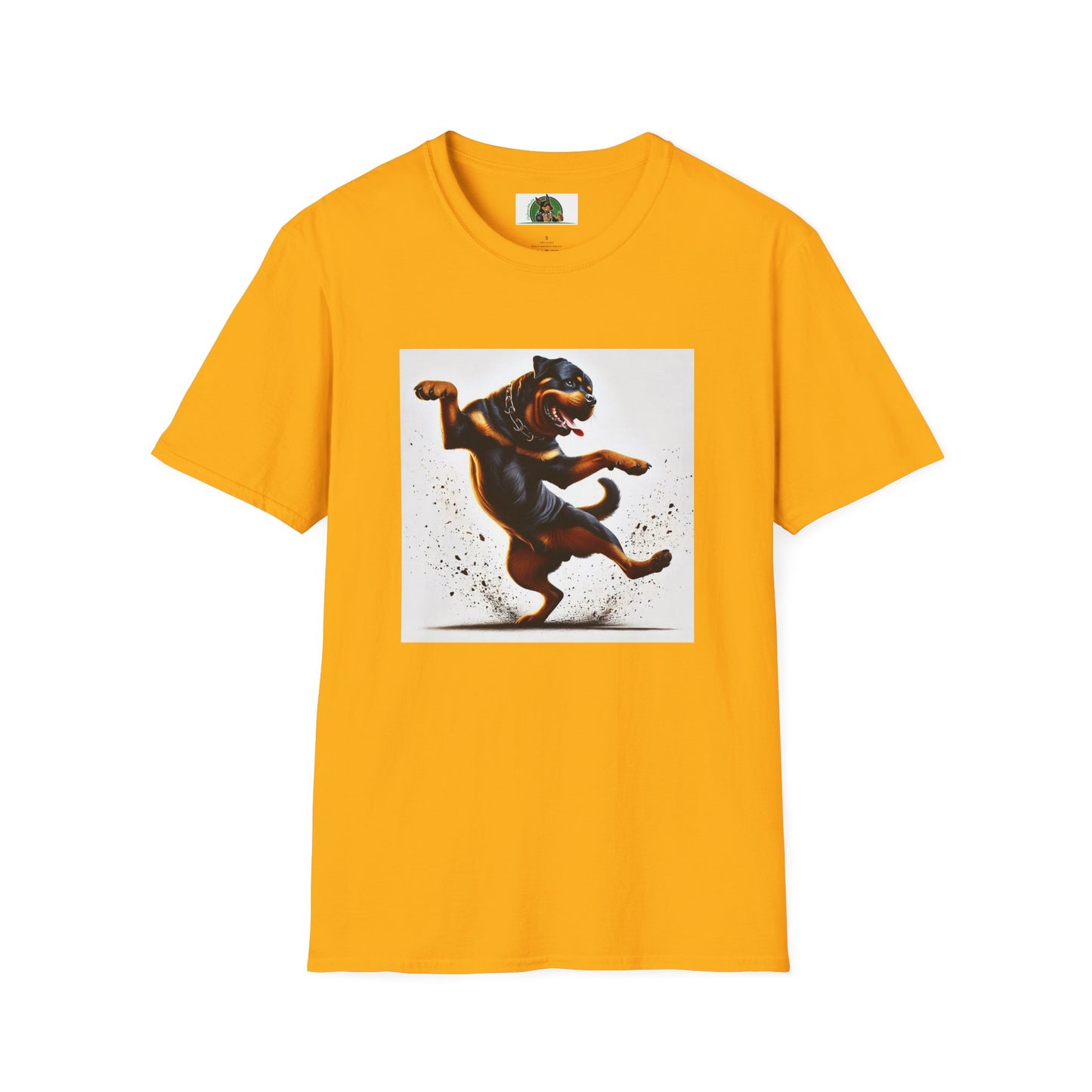 Dancing Rottweiler T-Shirt for Dog Lovers T-Shirt Printify S Gold