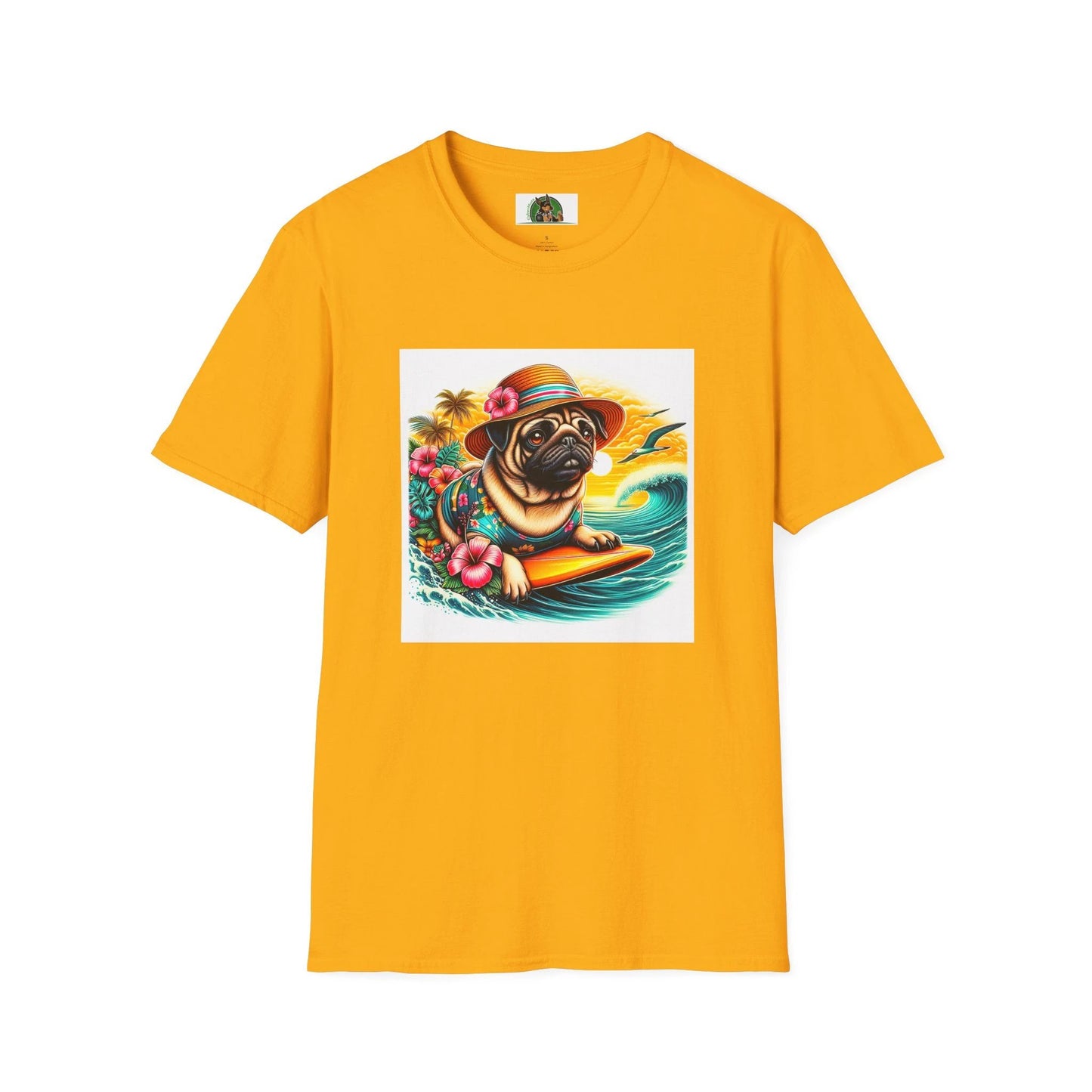 Surfer Pug T-Shirt T-Shirt Printify S Gold
