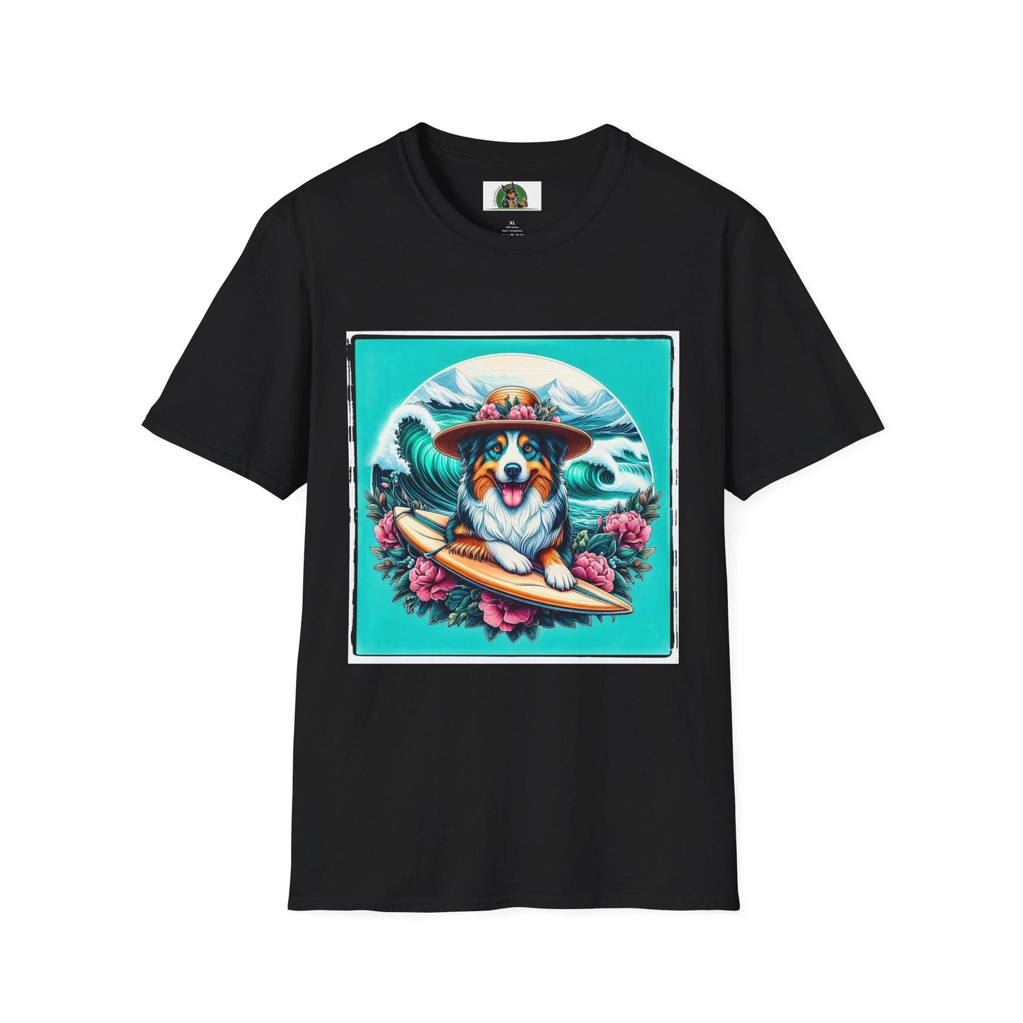 Australian Shepherd Unisex Tee With Floral Hat Surfer Dog Design For Ocean Lovers T-Shirt Printify XS Black