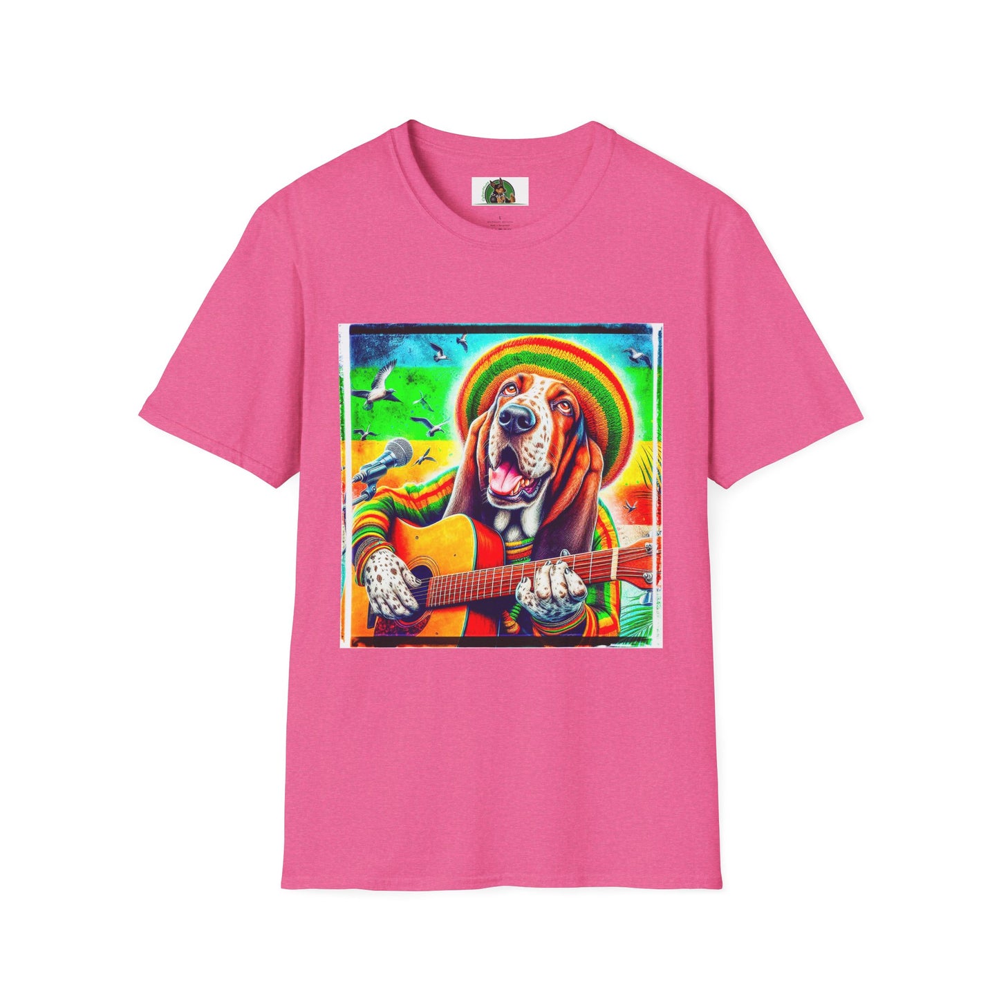 Basset Hound Rasta Dog Playing Guitar T-Shirt Printify S Heather Heliconia