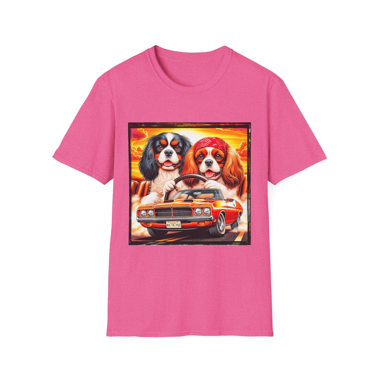Cavalier King Charles Spaniel Hippie Couple Dogs In Car TShirt T-Shirt Printify S Heather Heliconia