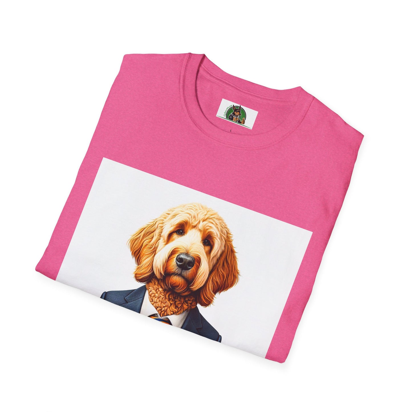 Golden Doodle sitting businessman