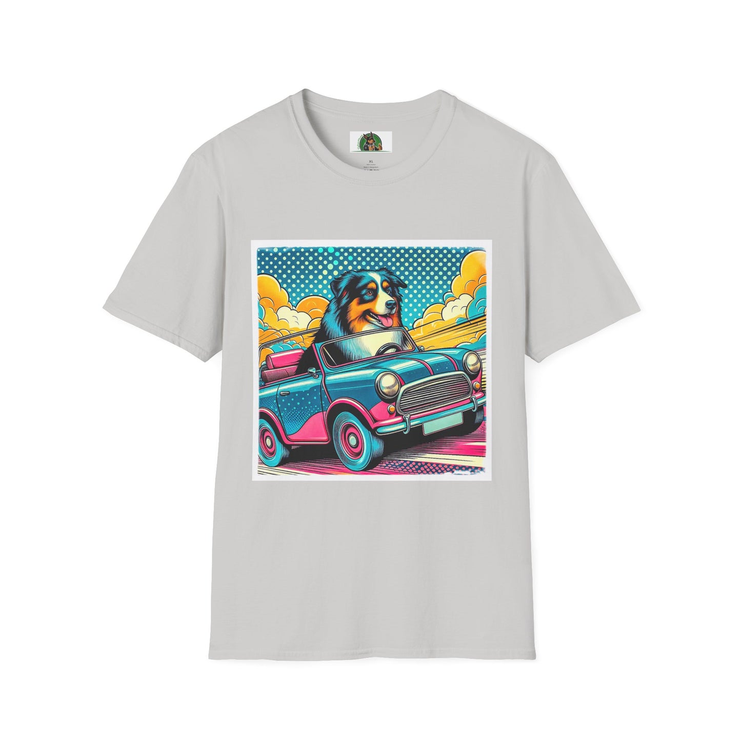 Wacky Australian Shepherd Dog In Colorful Car T-Shirt Printify S Ice Grey
