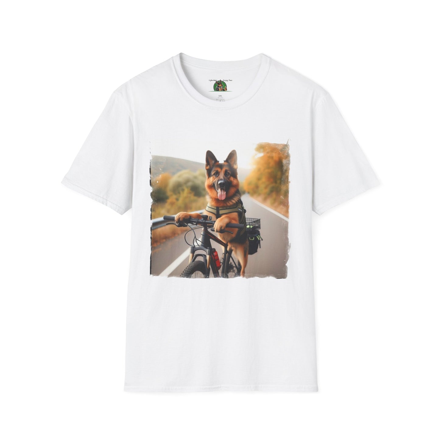 German Shepherd Dog Road Biking! Unisex Softstyle T-Shirt T-Shirt Printify S White