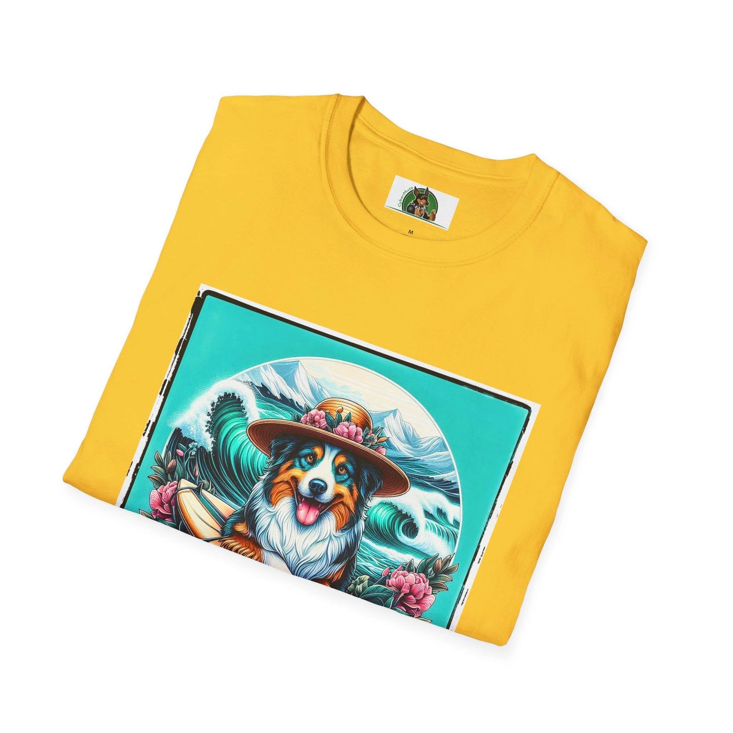 Australian Shepherd Unisex Tee With Floral Hat Surfer Dog Design For Ocean Lovers by Printify
