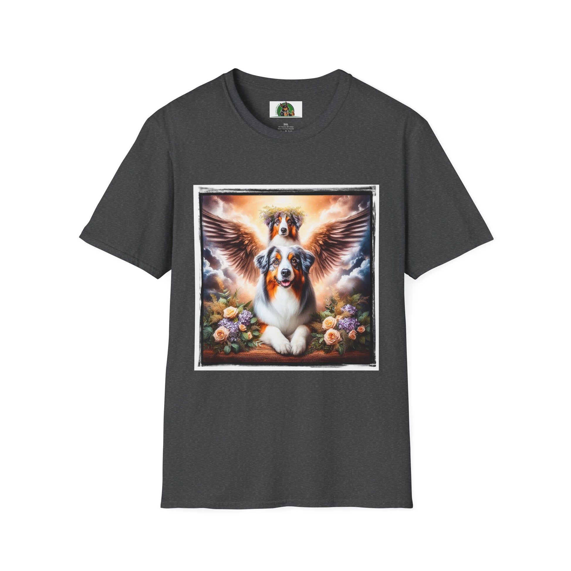 Australian Shepherd Angel Wings And Flowers T-Shirt Printify XS Dark Heather 