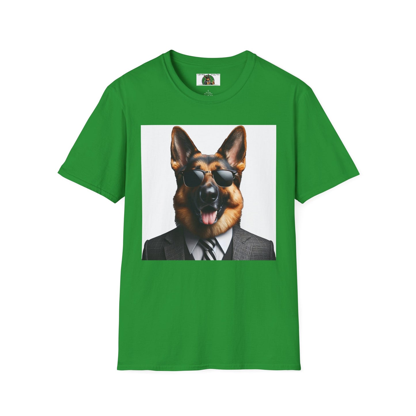 German Shepherd in Suit and Sunglasses Unisex Softstyle T-Shirt T-Shirt Printify S Irish Green