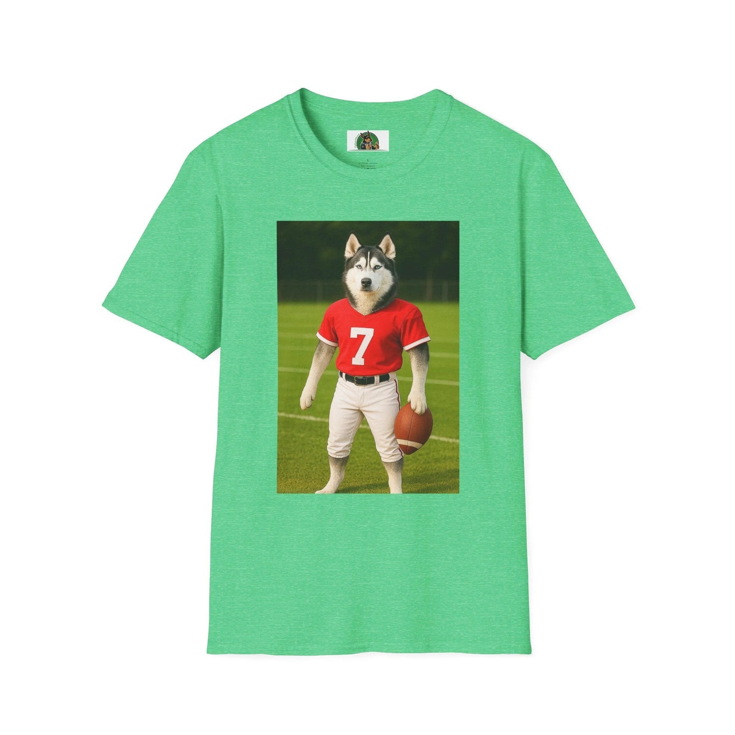Husky Football T-Shirt — Sports Dog Tee T-Shirt Printify Heather Irish Green S