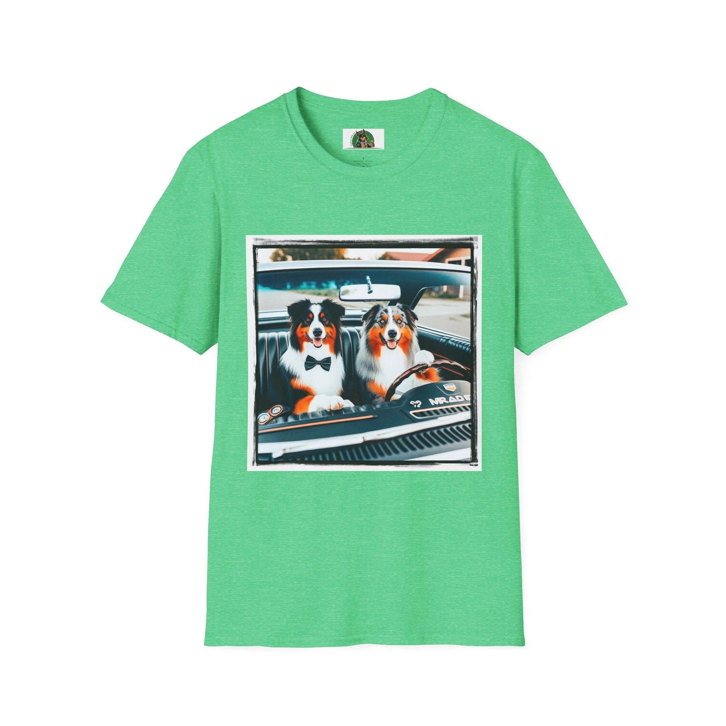 Australian Shepherd Couple Sunday Driving Tee For Dog Lovers Graphic Tee Great Gift Idea T-Shirt Printify S Heather Irish Green