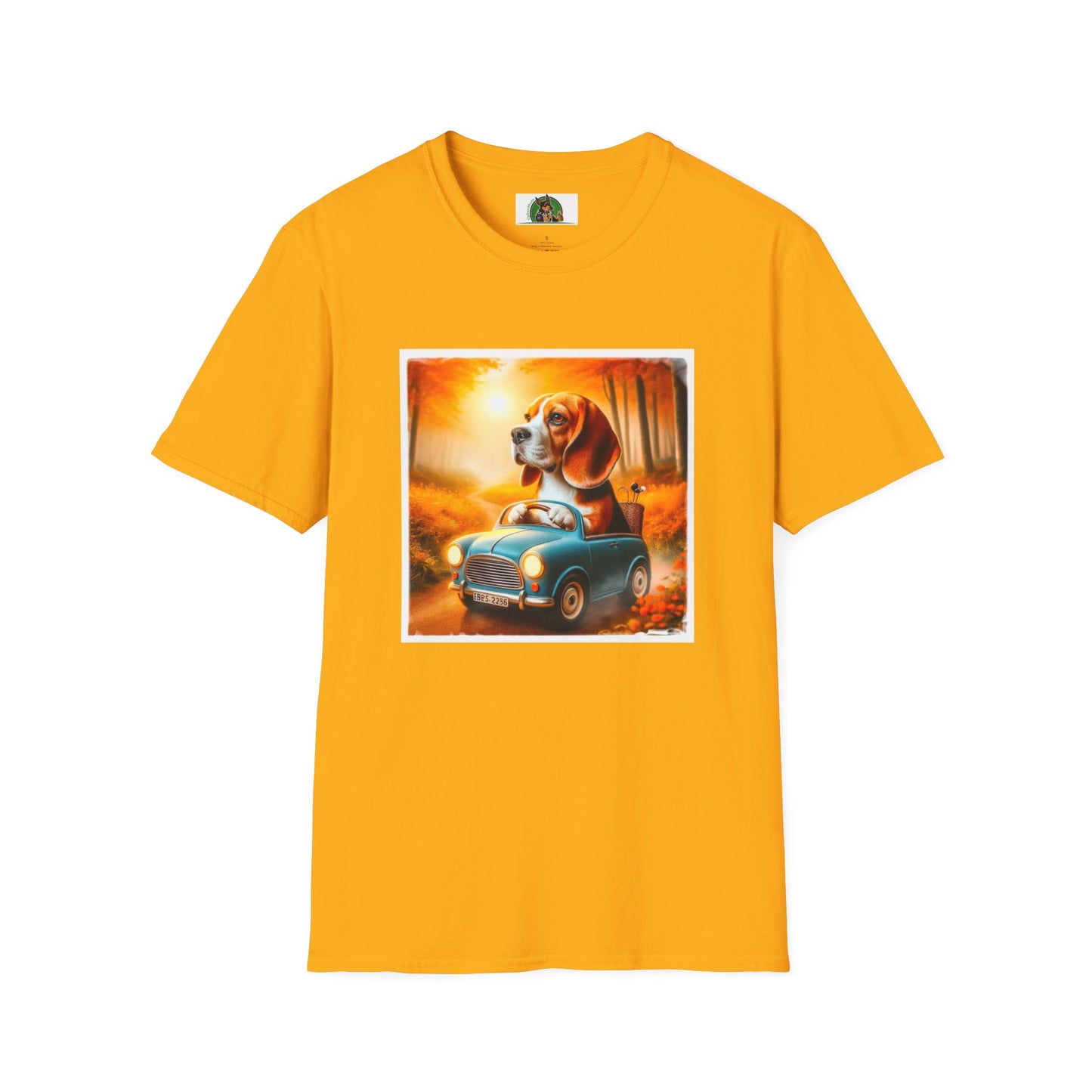 Wacky Beagle Dog Driving Tiny Car T-Shirt Printify S Gold 