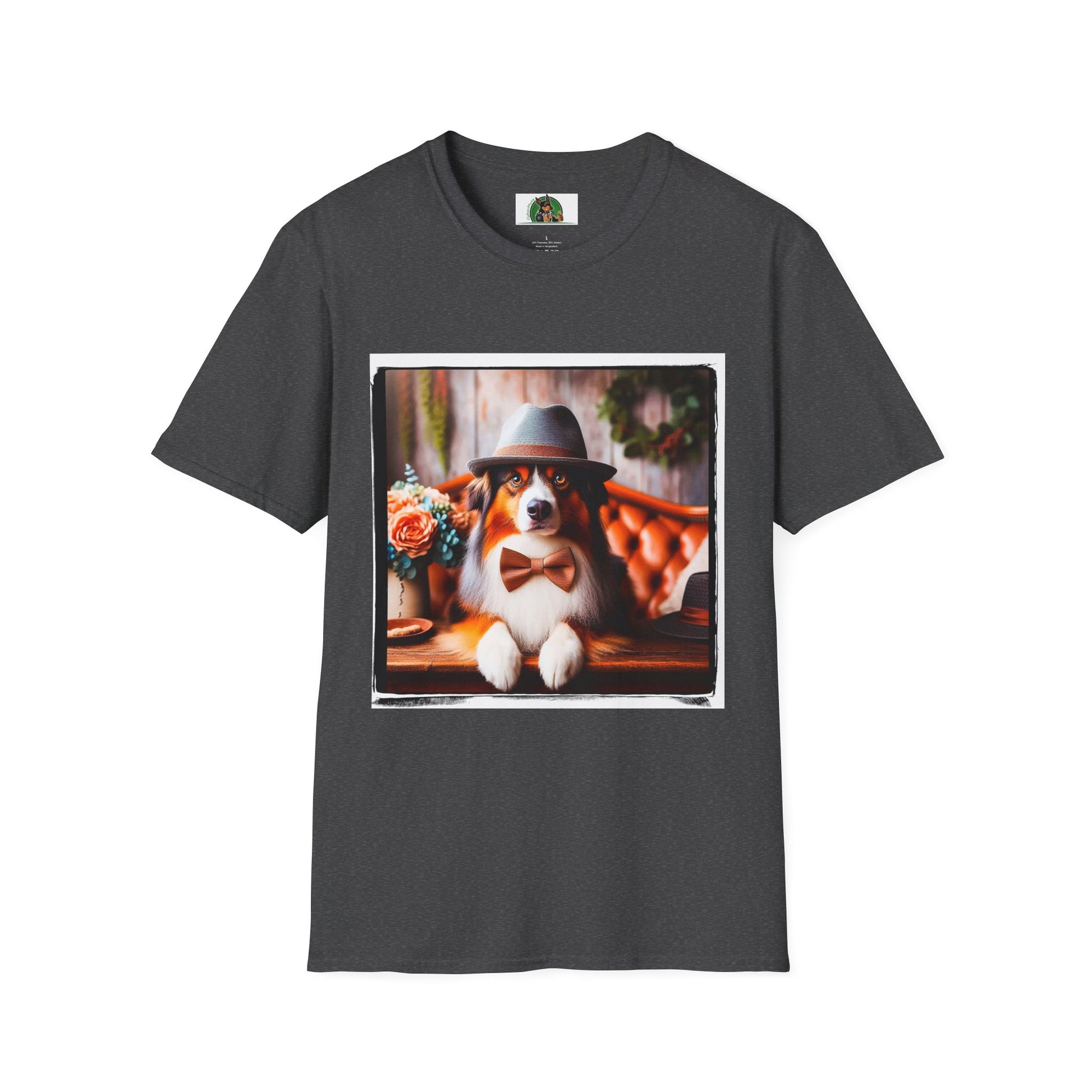 Australian Shepherd With Fedora Hat T-Shirt Printify XS Dark Heather