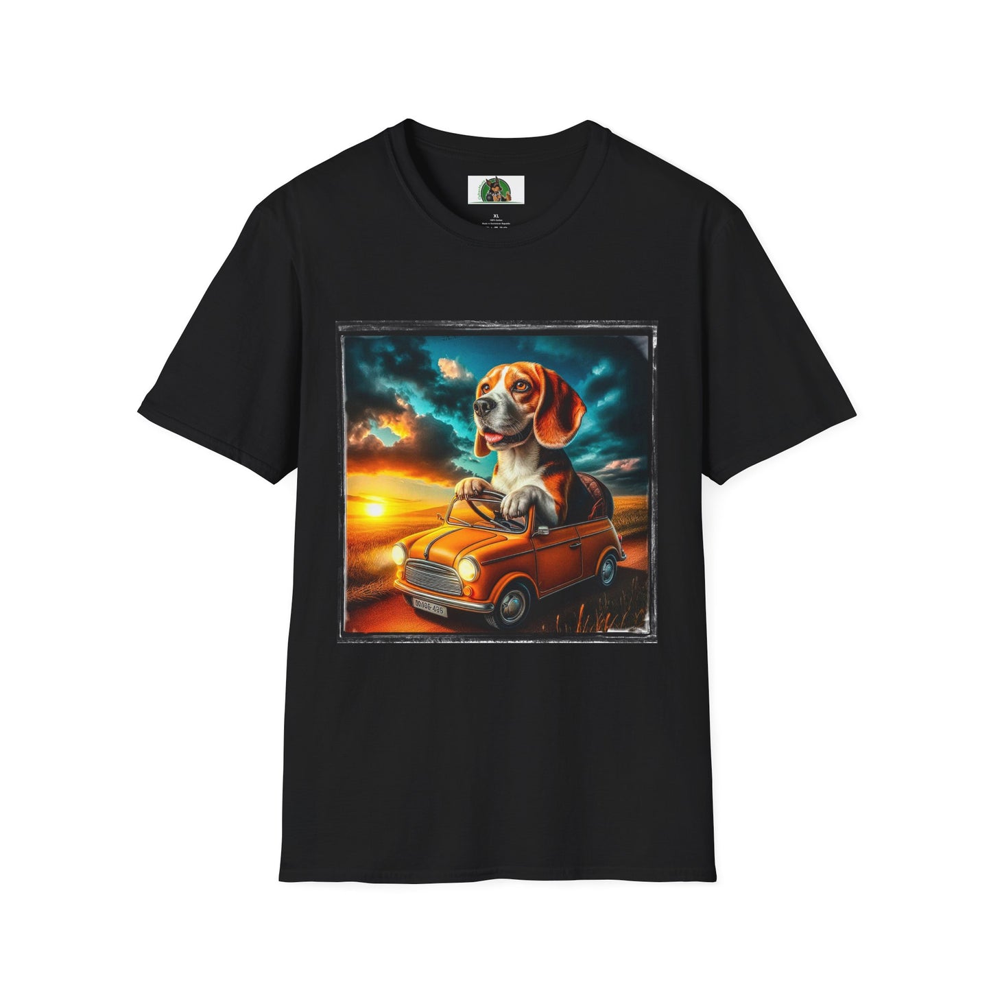 Wacky Beagle Driving Tiny Car In Sunset T-Shirt Printify XS Black 