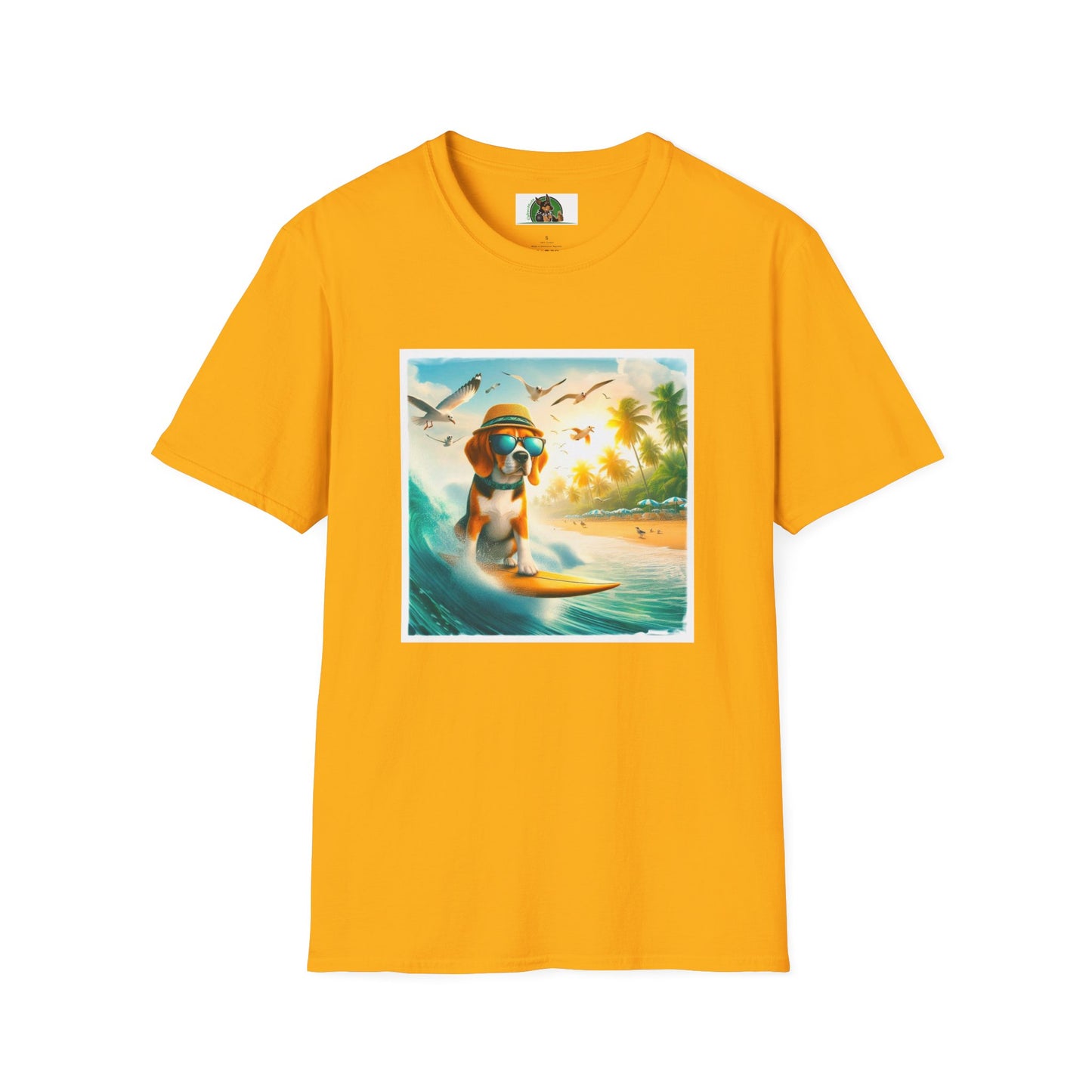 Beagle Surfing Wearing Hat And Shades T-Shirt Printify S Gold 