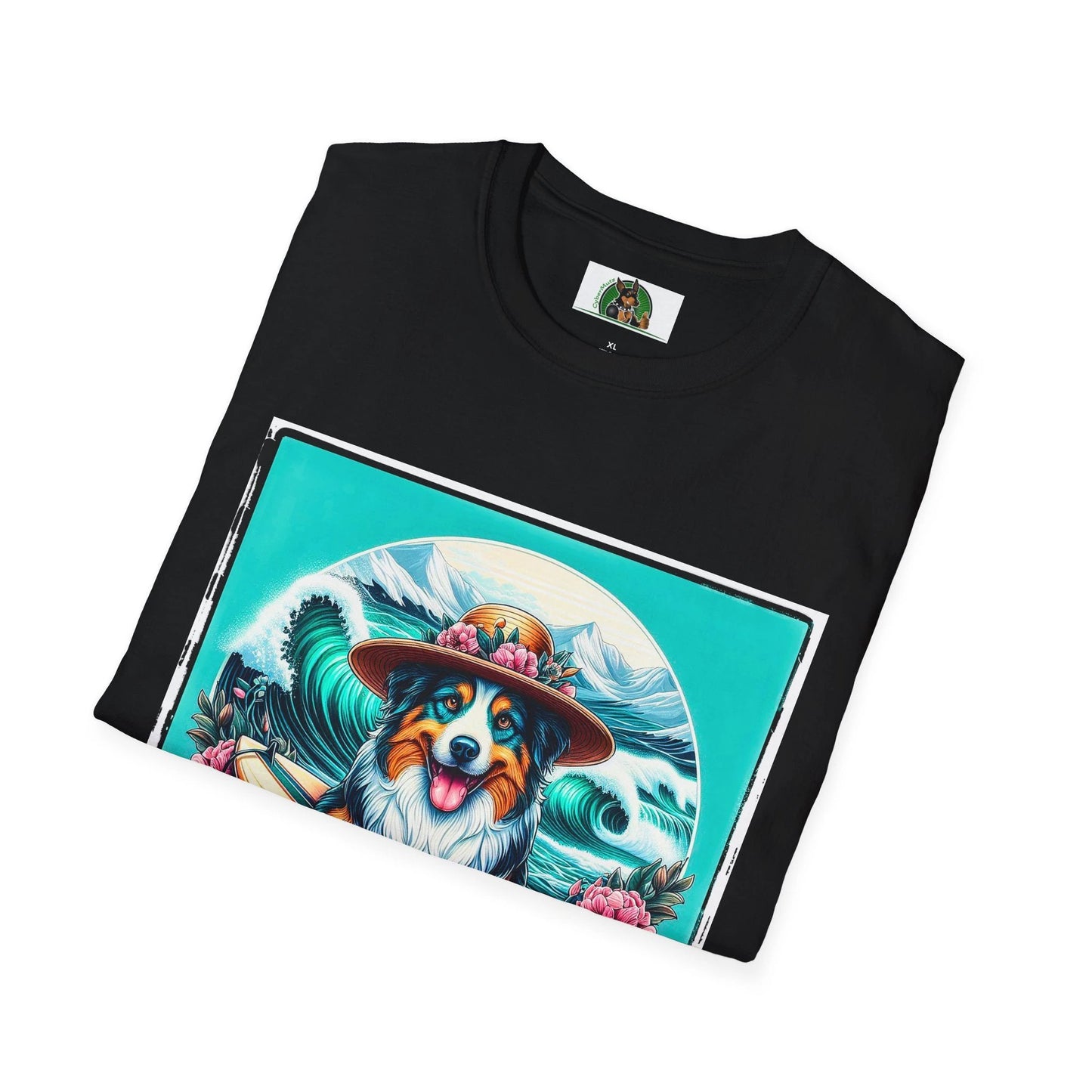 Australian Shepherd Unisex Tee With Floral Hat Surfer Dog Design For Ocean Lovers T-Shirt Printify