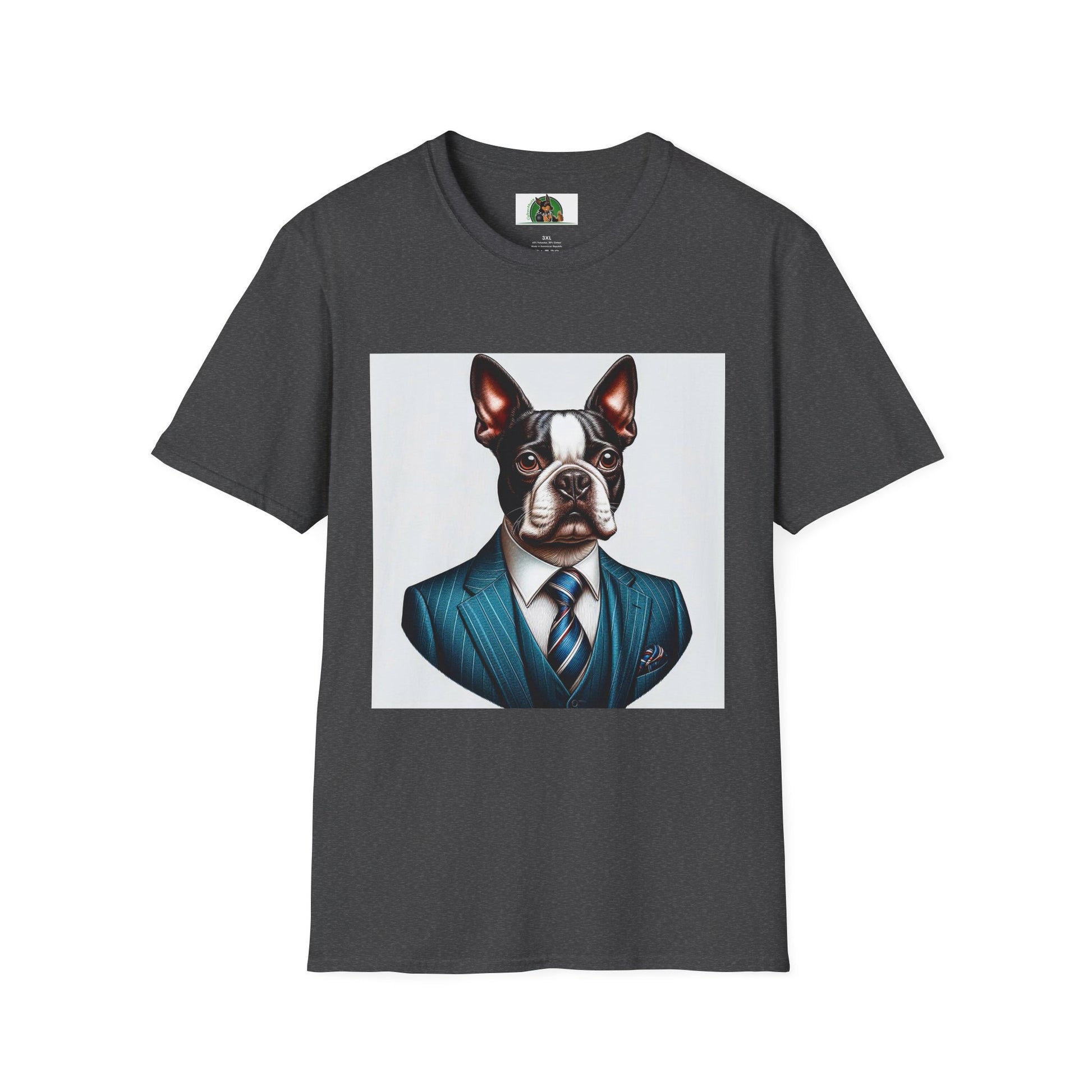 Boston Terrier Dog In Blue Suit TShirt T-Shirt Printify XS Dark Heather 