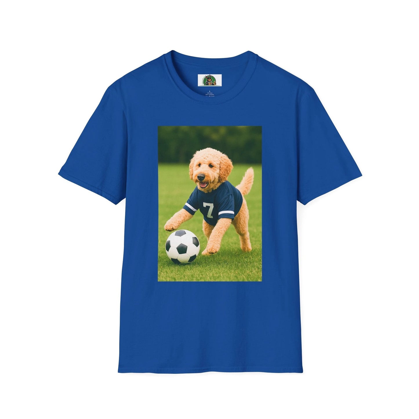 Golden Doodle Soccer T-Shirt — Sports Dog Playing Soccer T-Shirt Printify Royal S