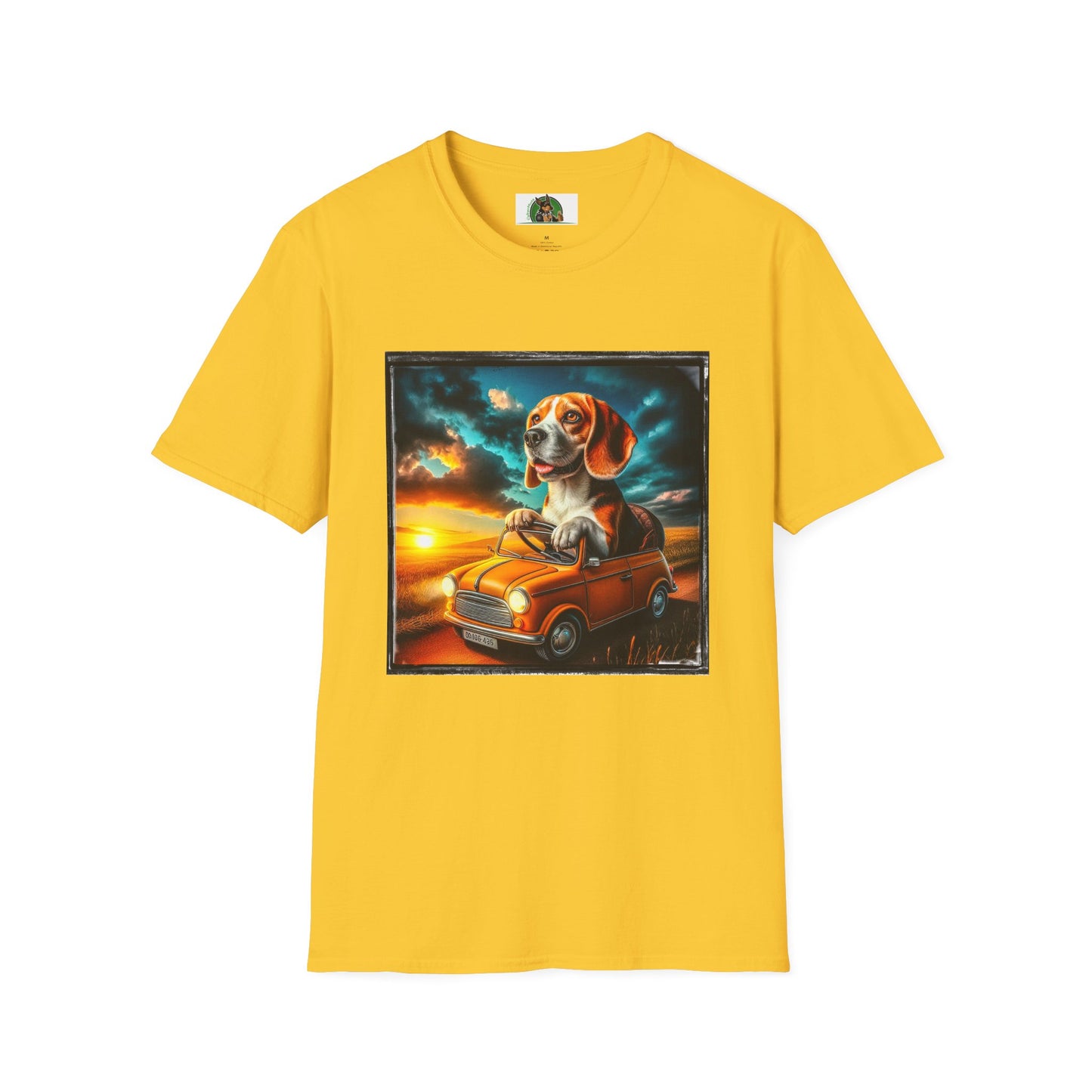 Wacky Beagle Driving Tiny Car In Sunset T-Shirt Printify S Daisy 