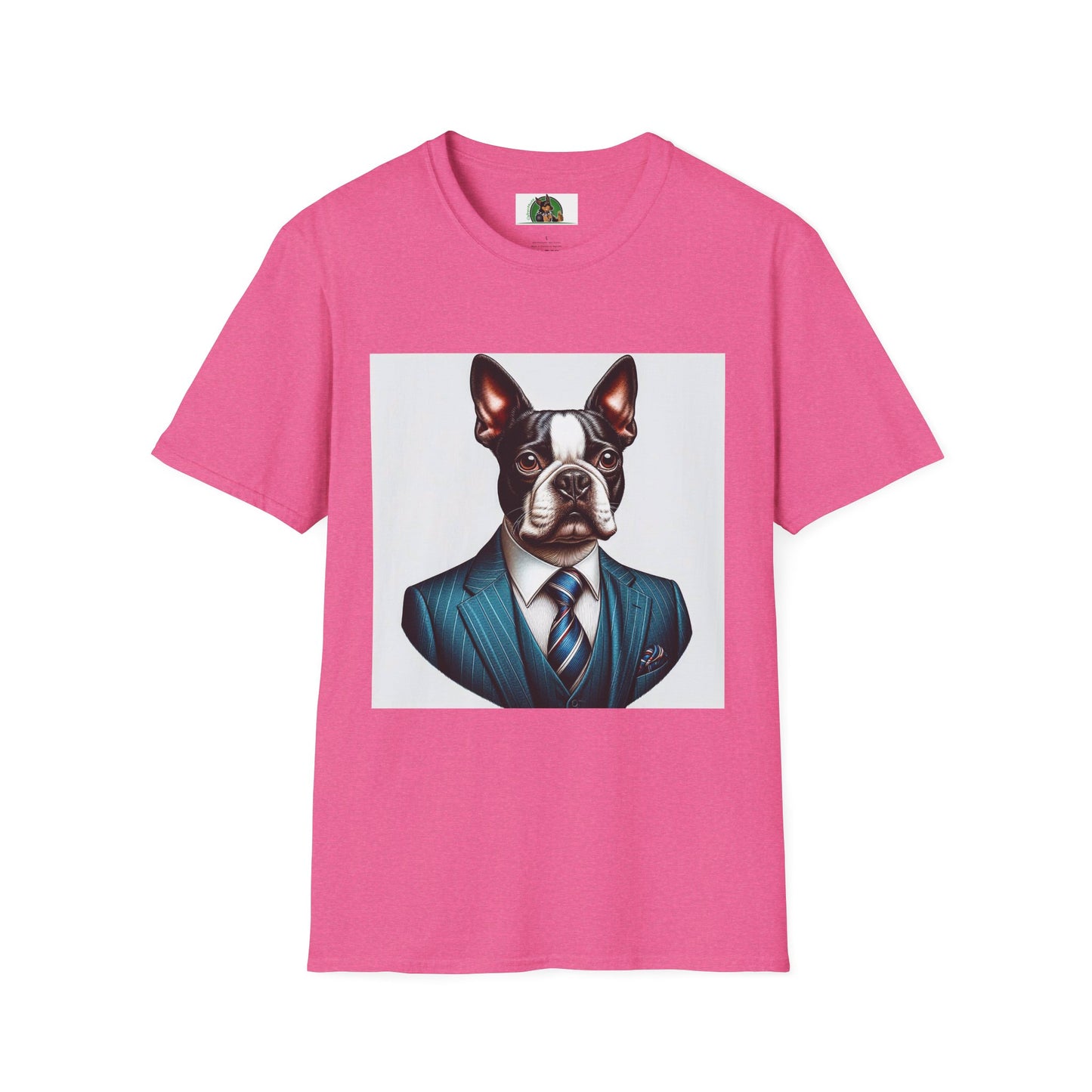 Boston Terrier Dog In Blue Suit TShirt T-Shirt Printify S Heather Heliconia 