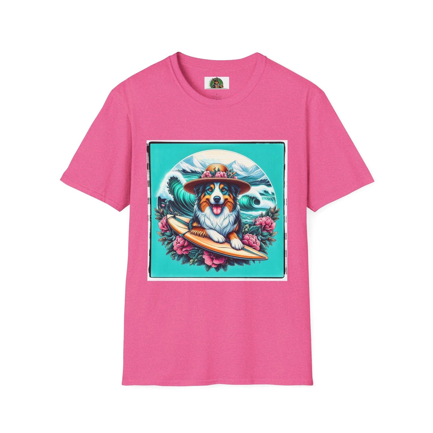 Australian Shepherd Unisex Tee With Floral Hat Surfer Dog Design For Ocean Lovers T-Shirt Printify S Heather Heliconia