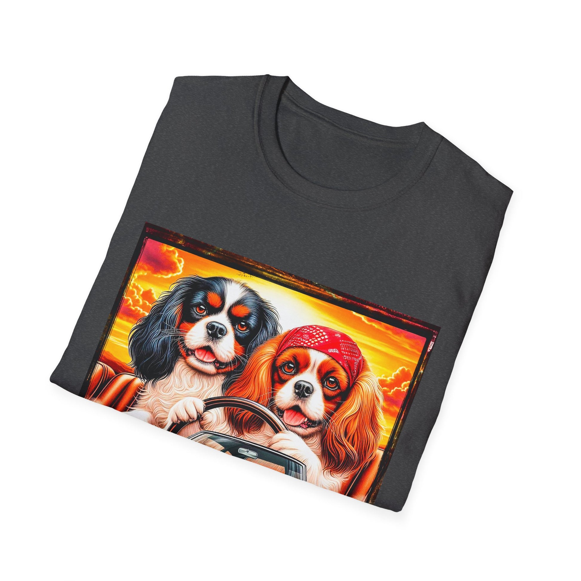 Cavalier King Charles Spaniel Hippie Couple Dogs In Car TShirt T-Shirt Printify