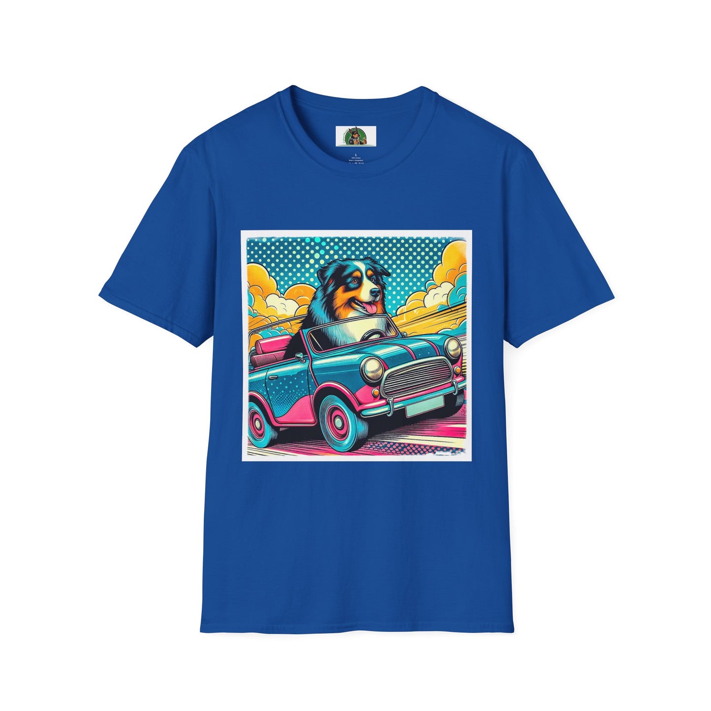 Wacky Australian Shepherd Dog In Colorful Car T-Shirt Printify XS Royal