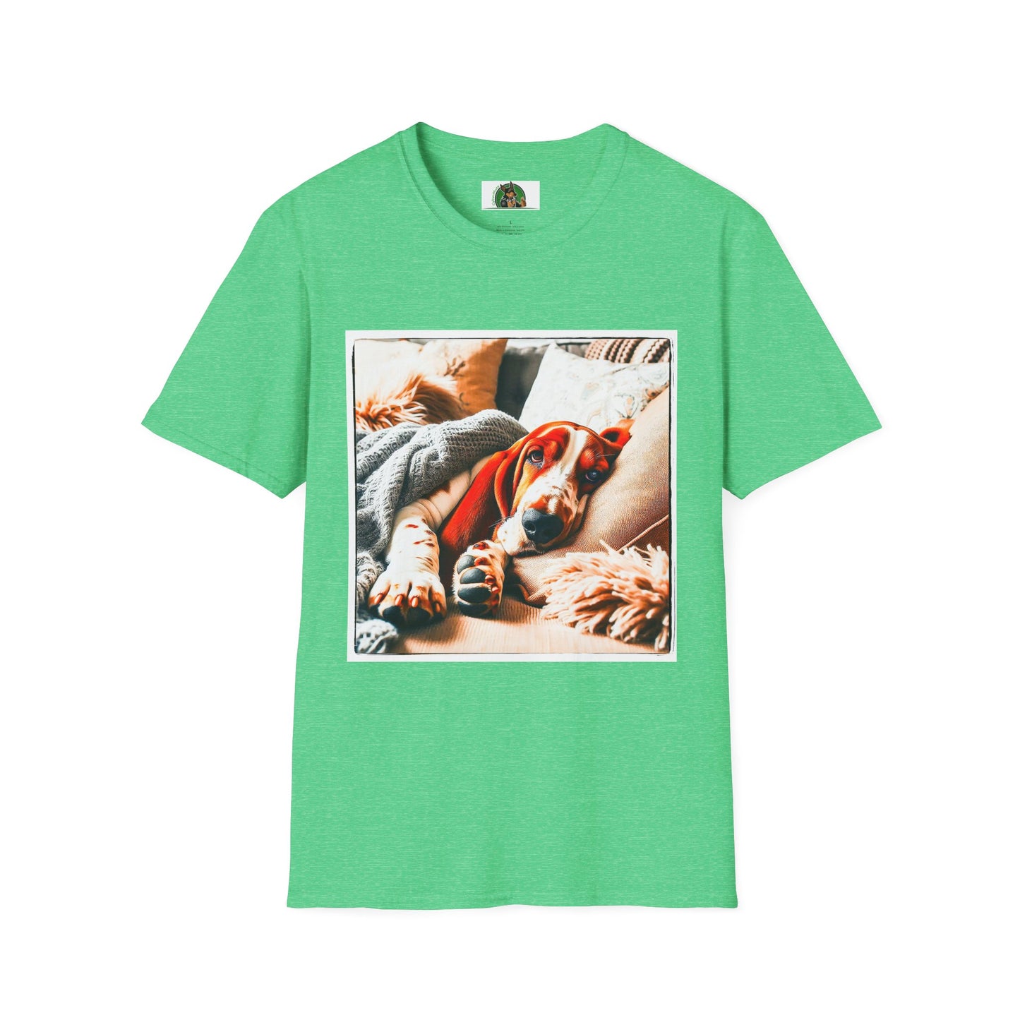 Basset Hound Snoozing On Couch T-Shirt Printify S Heather Irish Green