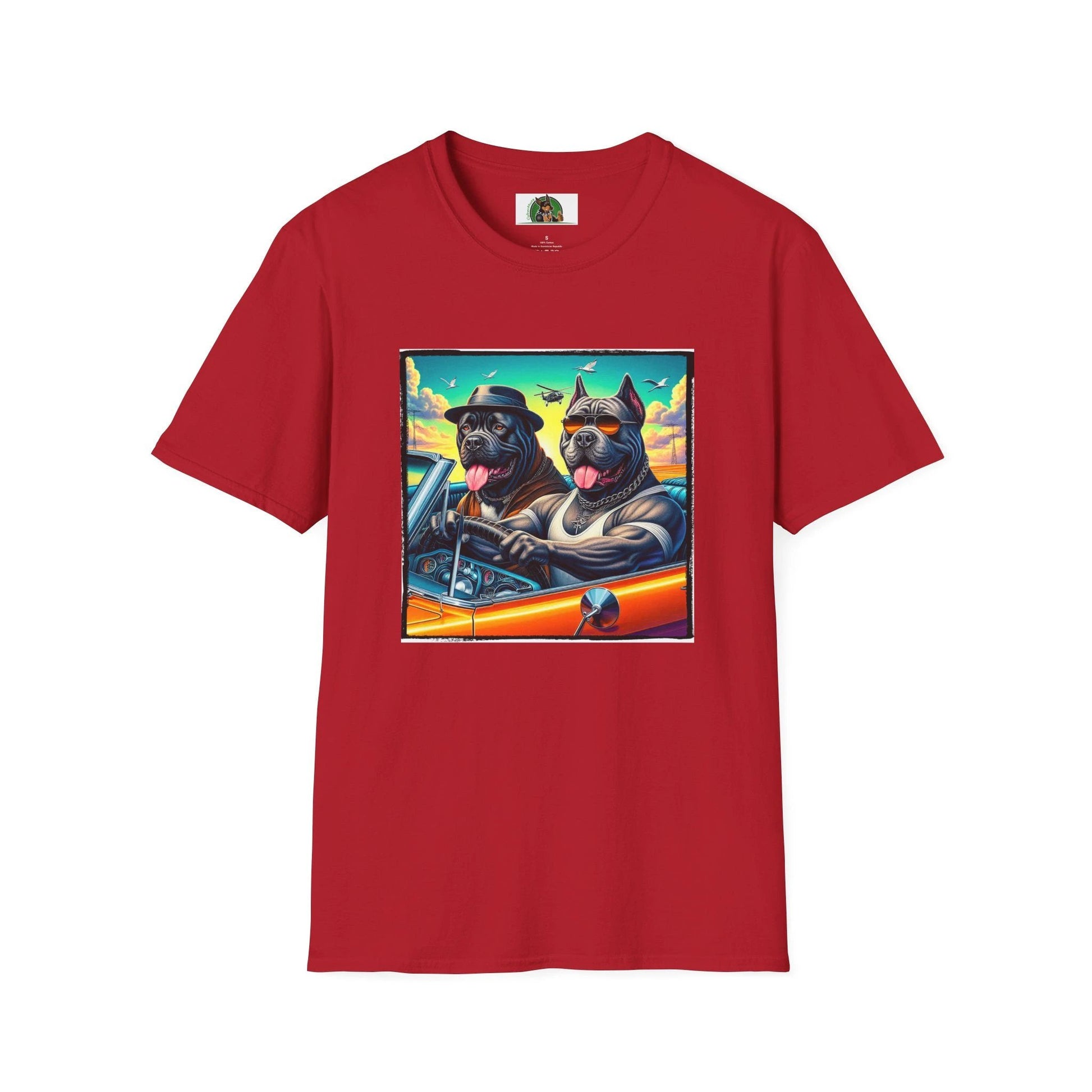 Cane Corso Dogs In Car T Shirt Graphic Tee For Dog Lovers And Italian Mastiff Enthusiasts T-Shirt Printify S Cherry Red