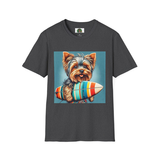 Yorkie surfing shirt T-Shirt Printify XS Dark Heather
