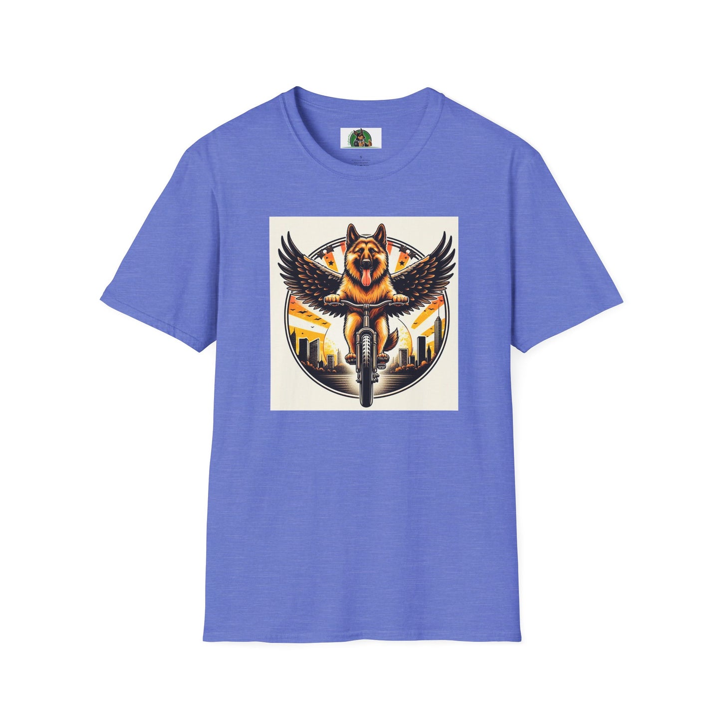 German Shepherd Angel bike riding T-Shirt Printify Heather Royal S