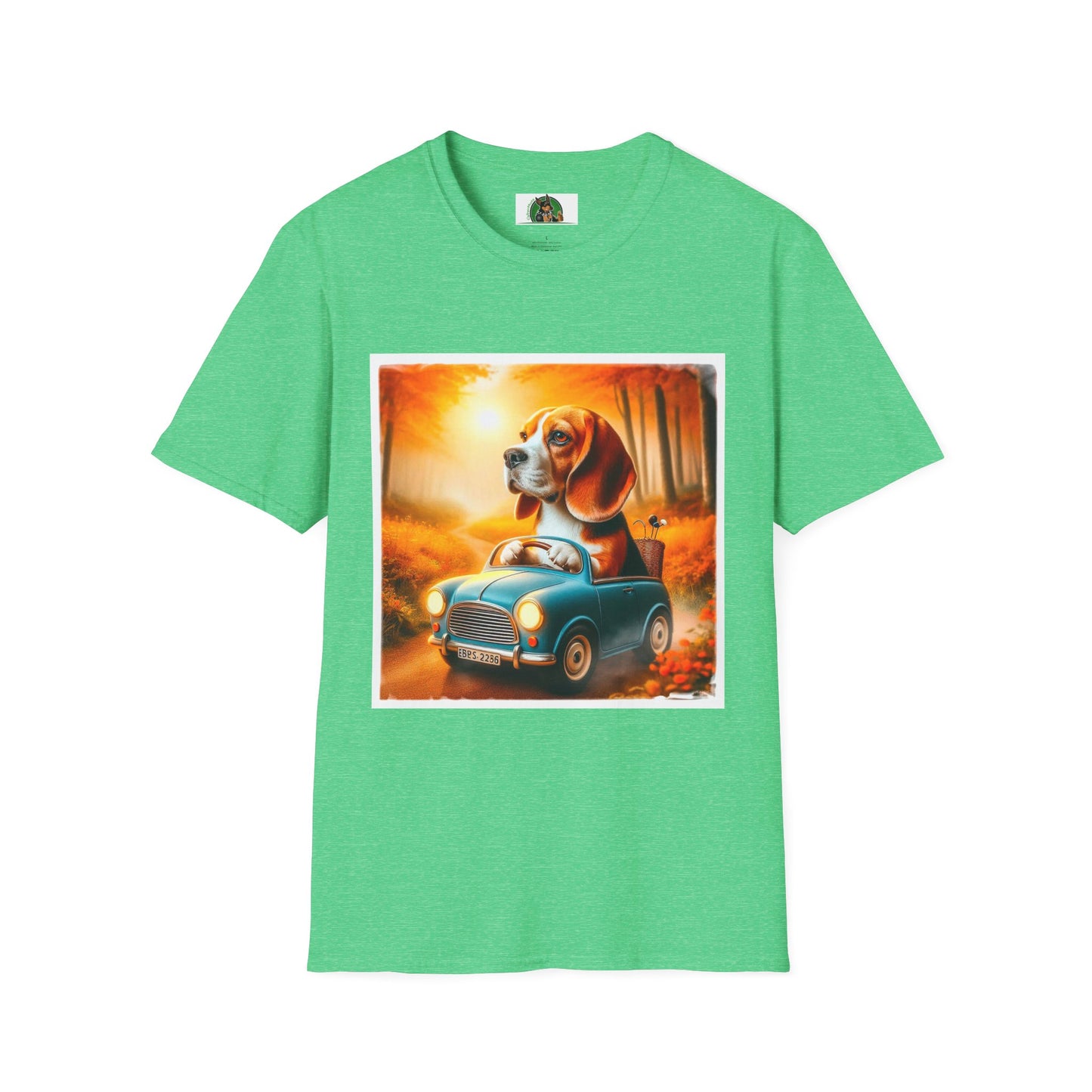 Wacky Beagle Dog Driving Tiny Car T-Shirt Printify S Heather Irish Green 