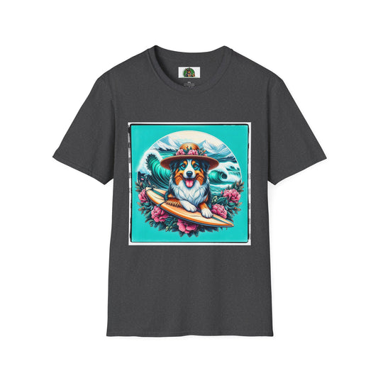 Australian Shepherd In Floral Hat Surfer Dog T-Shirt Printify XS Dark Heather 