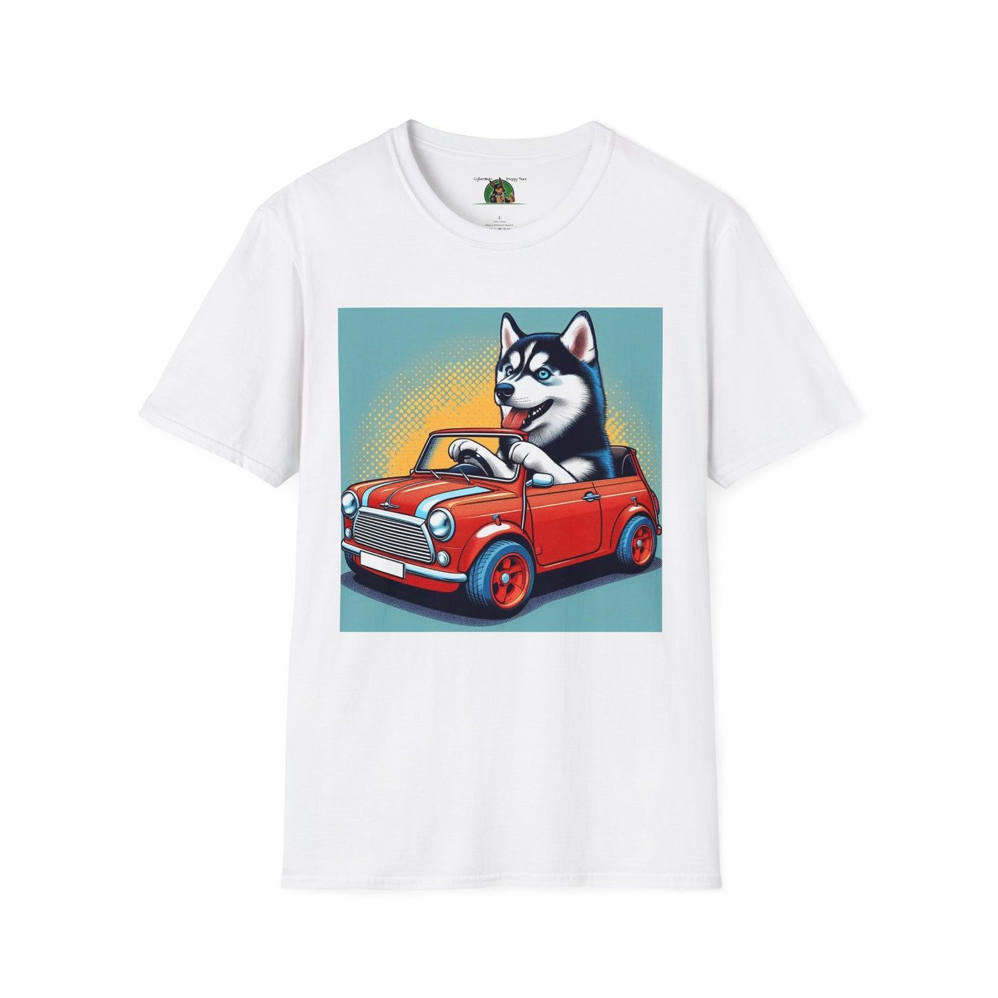 Husky in a Wacky Little Car T-Shirt Printify White S 