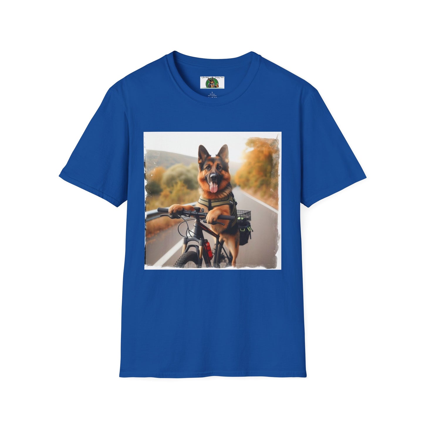 German Shepherd Dog Road Biking! Unisex Softstyle T-Shirt T-Shirt Printify S Royal