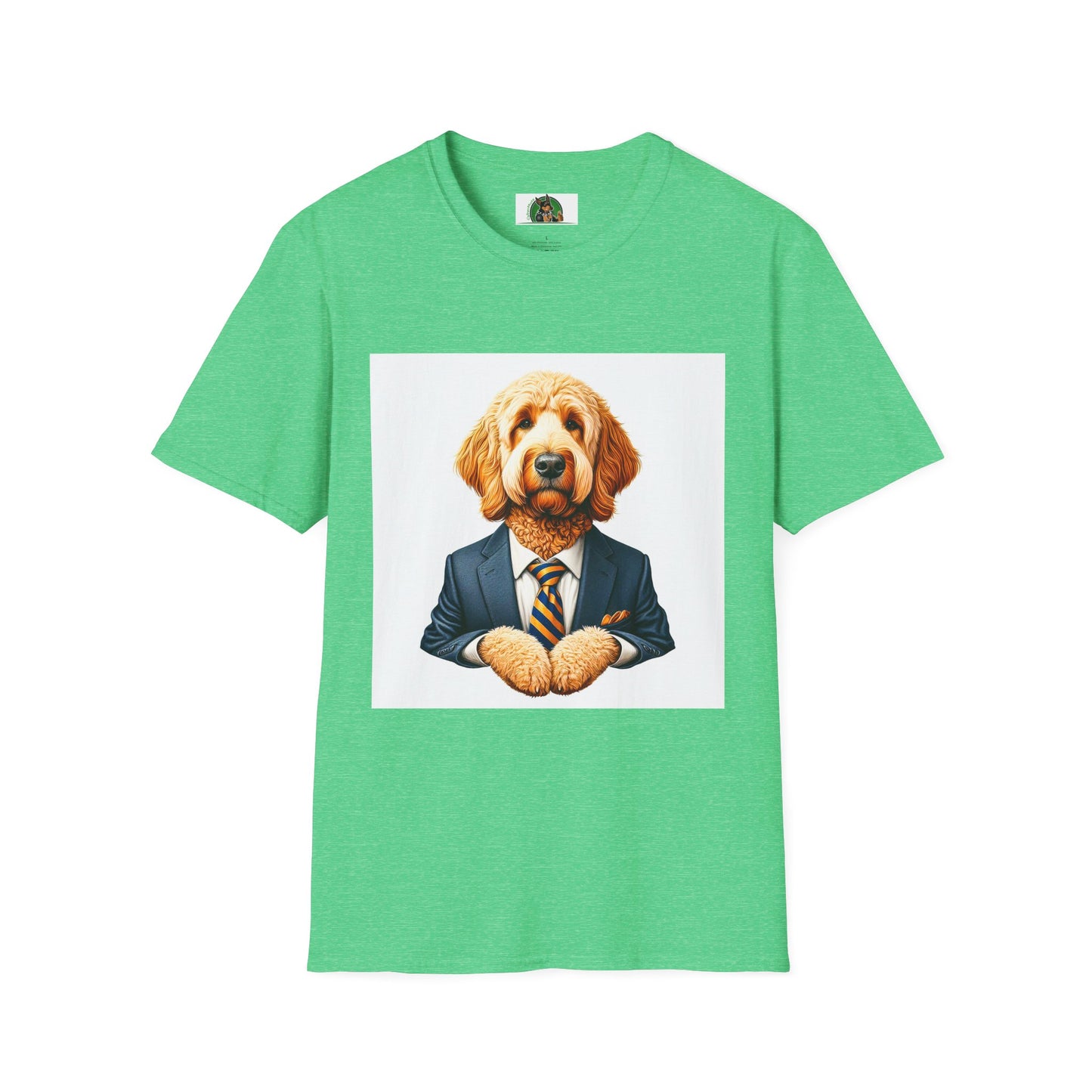 Golden Doodle sitting businessman T-Shirt Printify S Heather Irish Green