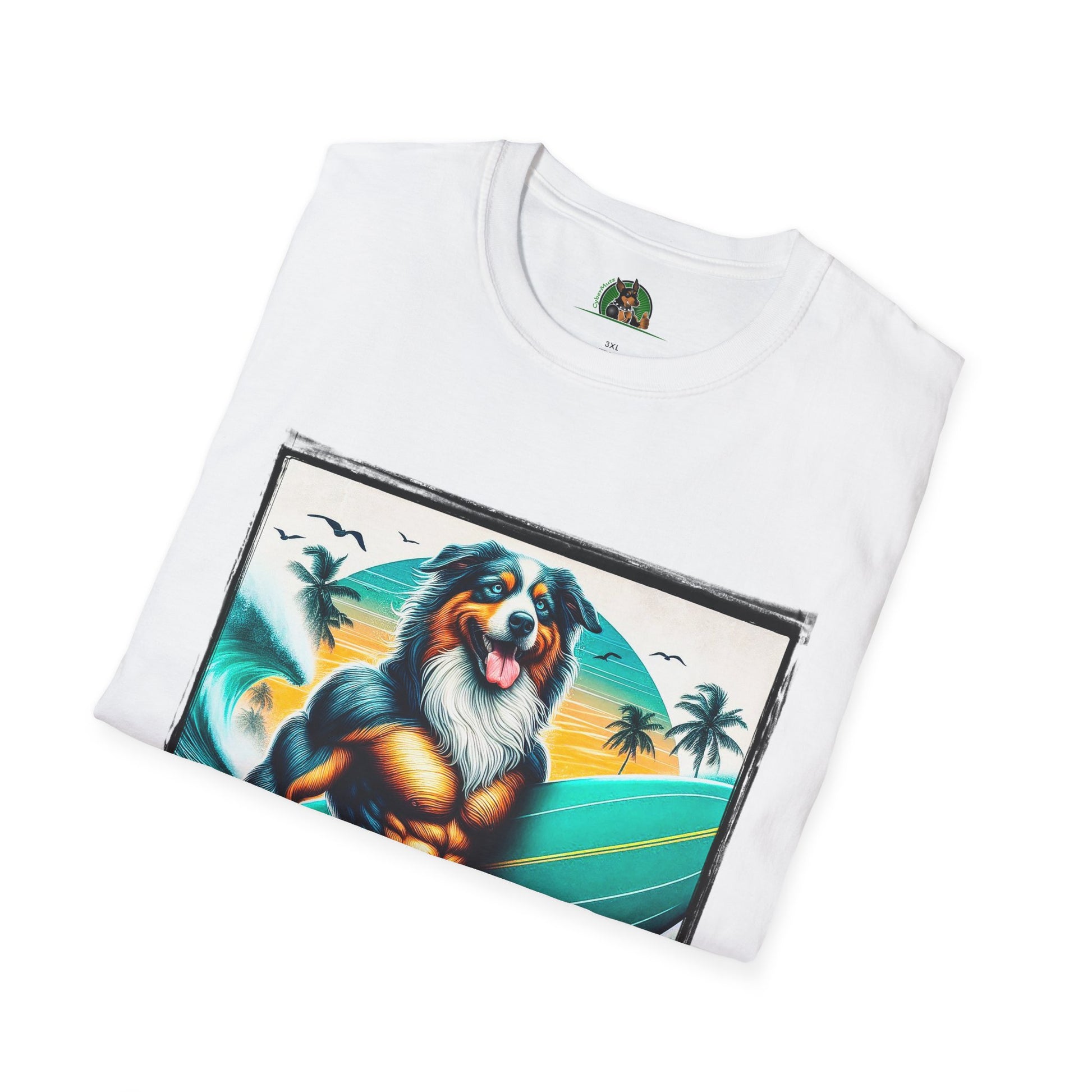 Australian Shepherd Turquoise Surf Board Beach Dog T-Shirt Printify