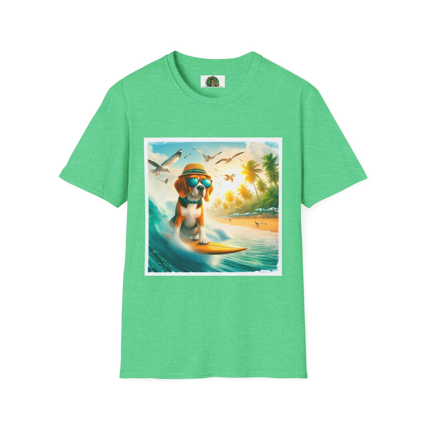 Beagle Surfing Wearing Hat And Shades T-Shirt Printify S Heather Irish Green 