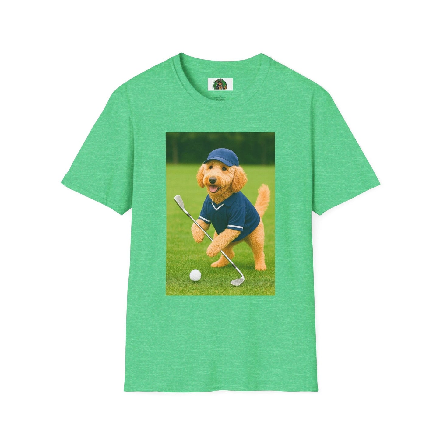 Golden Doodle Playing Golf T-Shirt — Sports Dog Golfing Tee T-Shirt Printify Heather Irish Green S