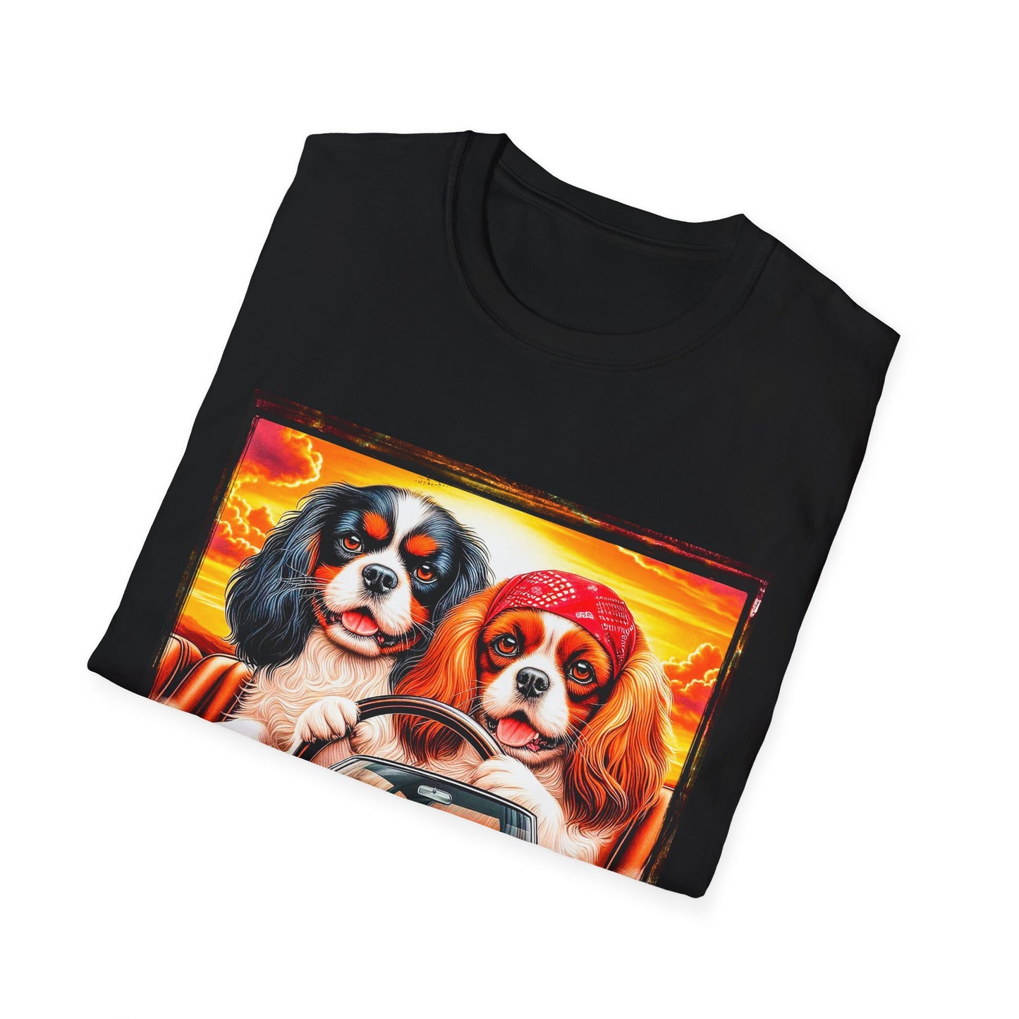 Cavalier King Charles Spaniel Hippie Couple Dogs In Car TShirt T-Shirt Printify