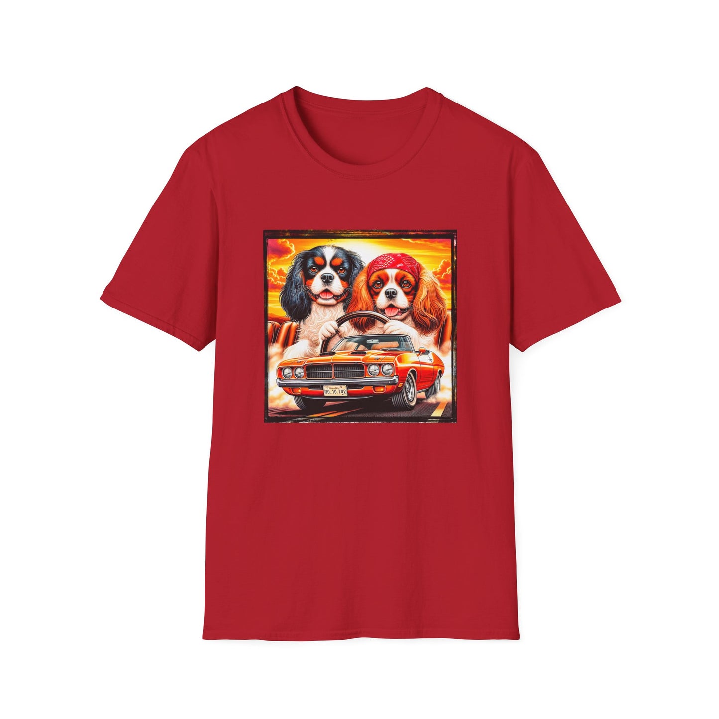 Cavalier King Charles Spaniel Hippie Couple Dogs In Car TShirt T-Shirt Printify S Cherry Red