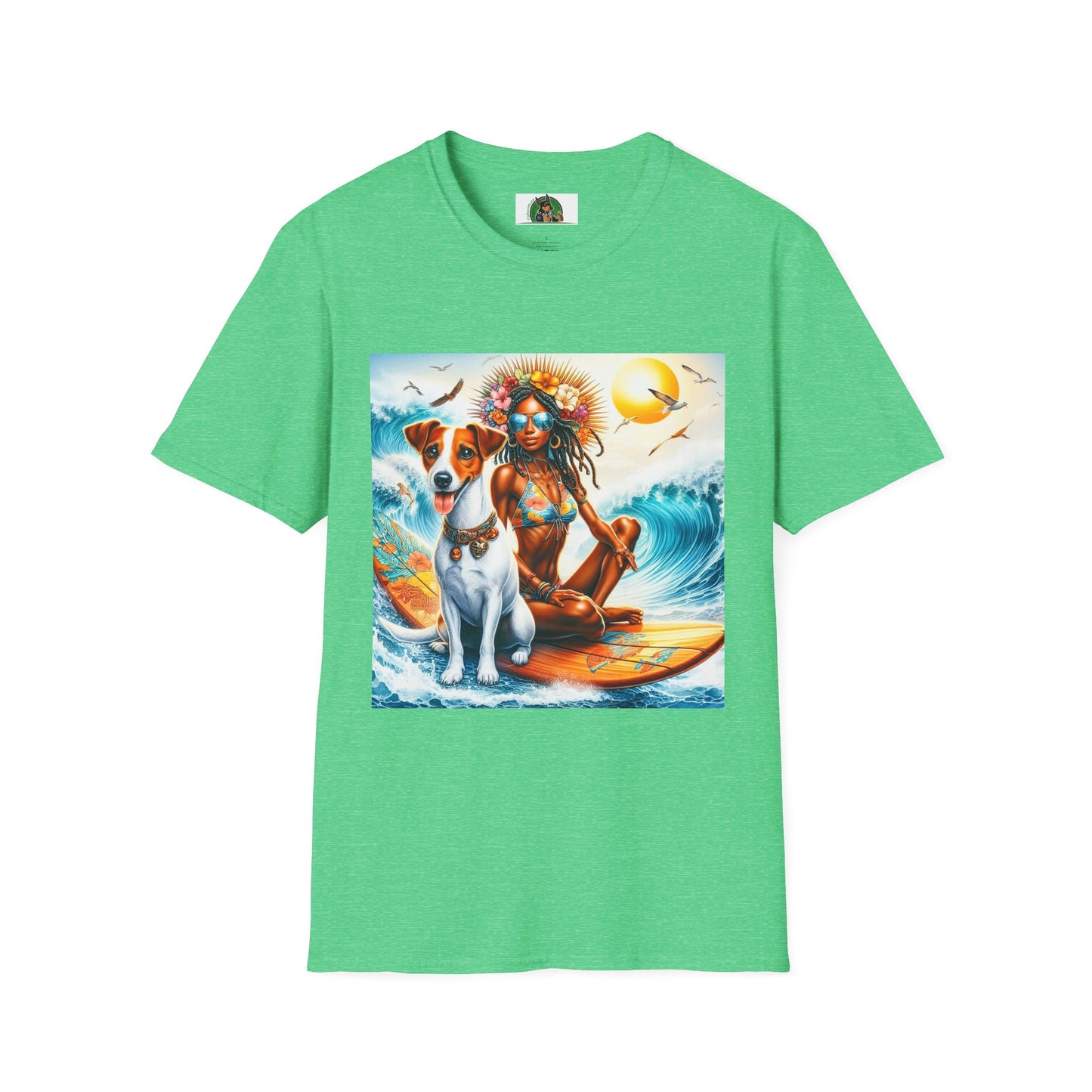 Jack Russell Surfer Girl T-Shirt Printify S Heather Irish Green