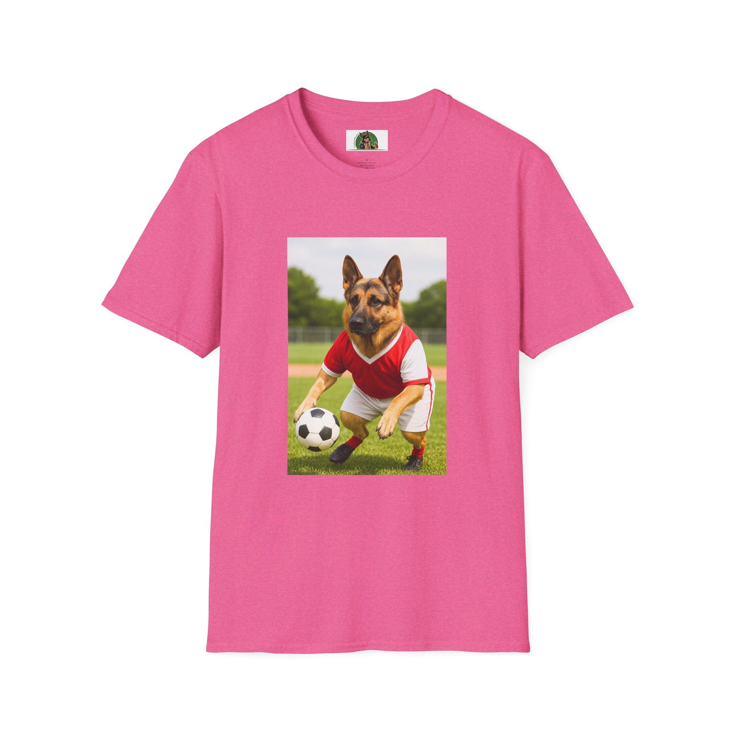German Shepherd Soccer T-Shirt — Sports Dog Playing Soccer T-Shirt Printify Heather Heliconia S