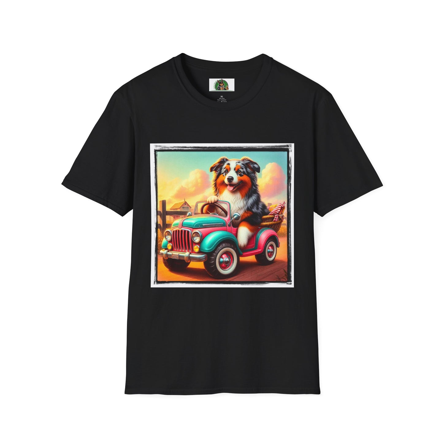 Wacky Australian Shepherd Dog In Mini Truck T-Shirt Printify XS Black