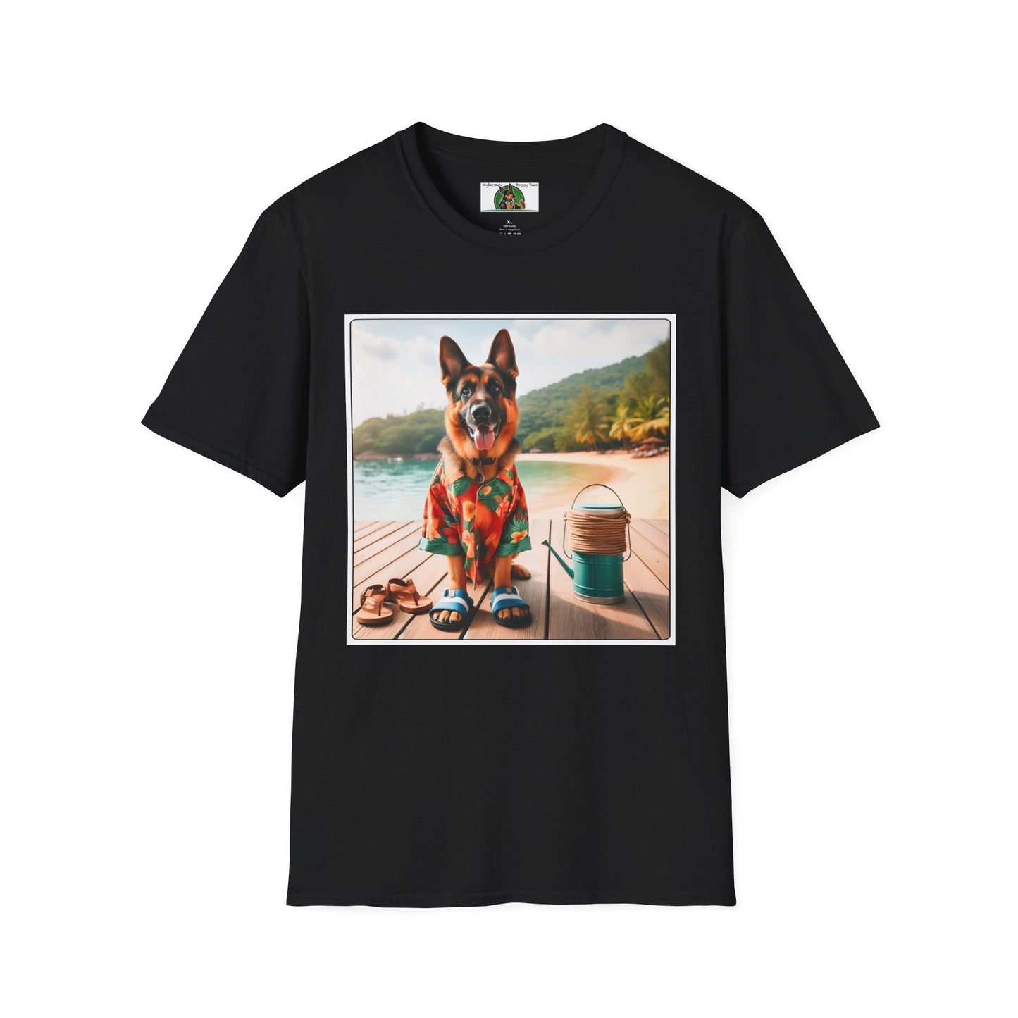 German Shepherd Dog "Beachin" Unisex Softstyle T-Shirt T-Shirt Printify S Black