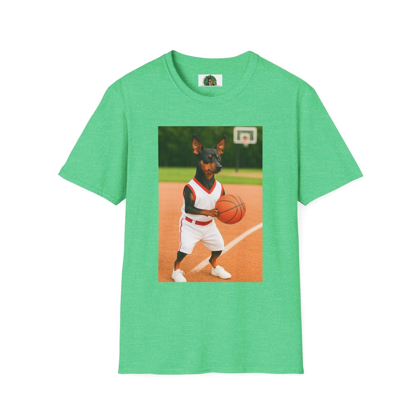 Miniature Pinscher (Min Pin) Basketball T-Shirt — Dog Lover Sports Tee T-Shirt Printify Heather Irish Green S