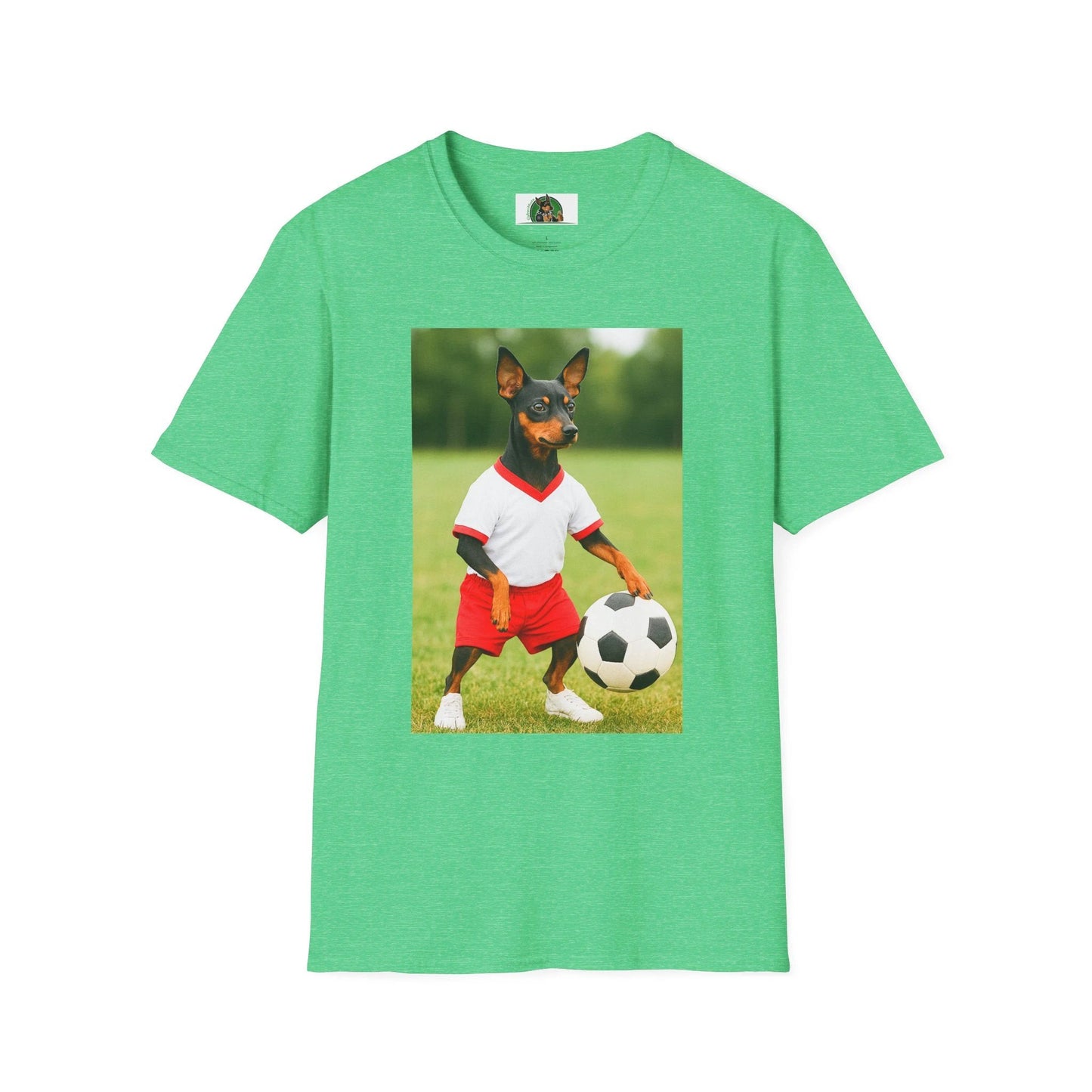 Miniature Pinscher Soccer T-Shirt — "Min Pin Soccer" Dog Lover Sports Tee T-Shirt Printify Heather Irish Green S