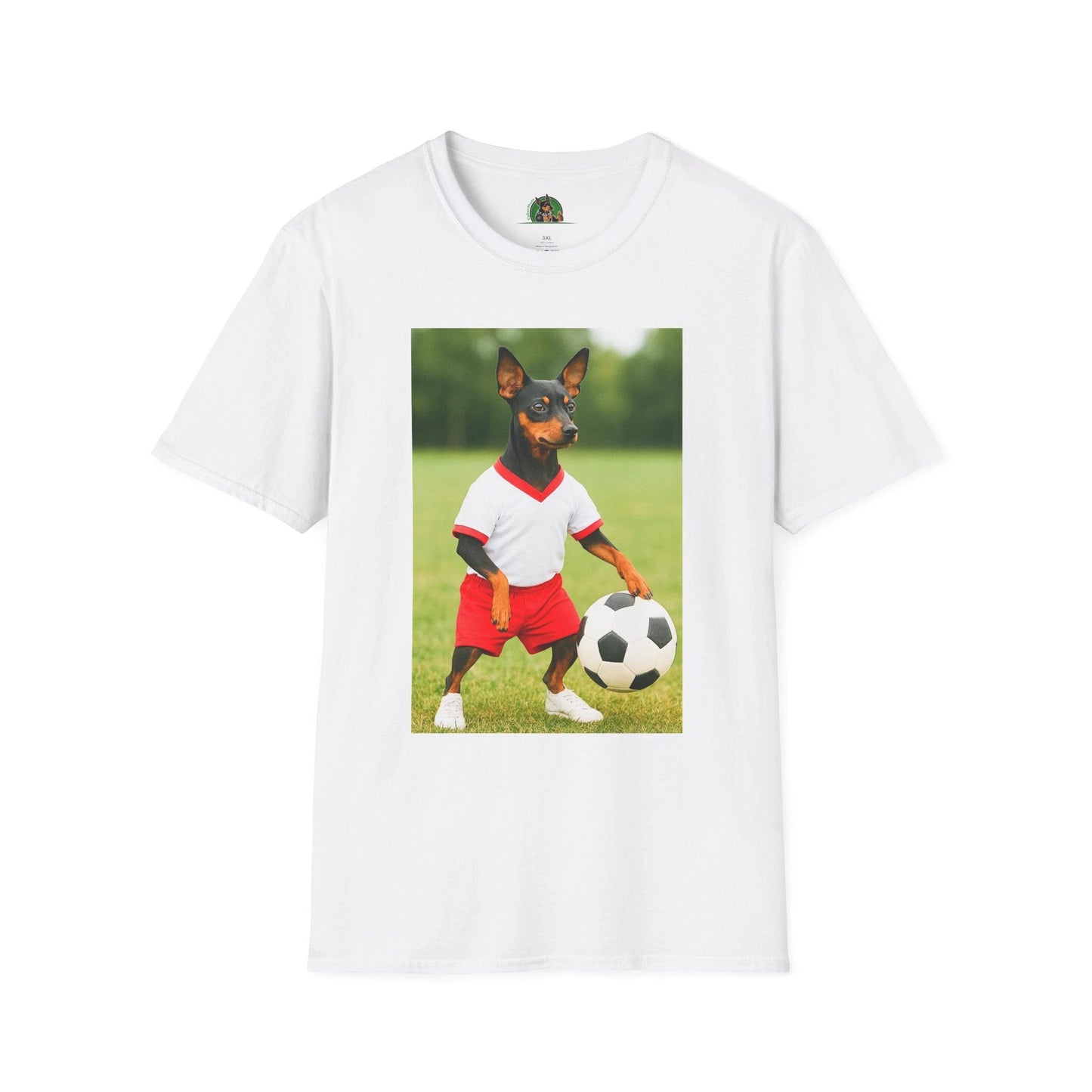 Miniature Pinscher Soccer T-Shirt — "Min Pin Soccer" Dog Lover Sports Tee T-Shirt Printify White S