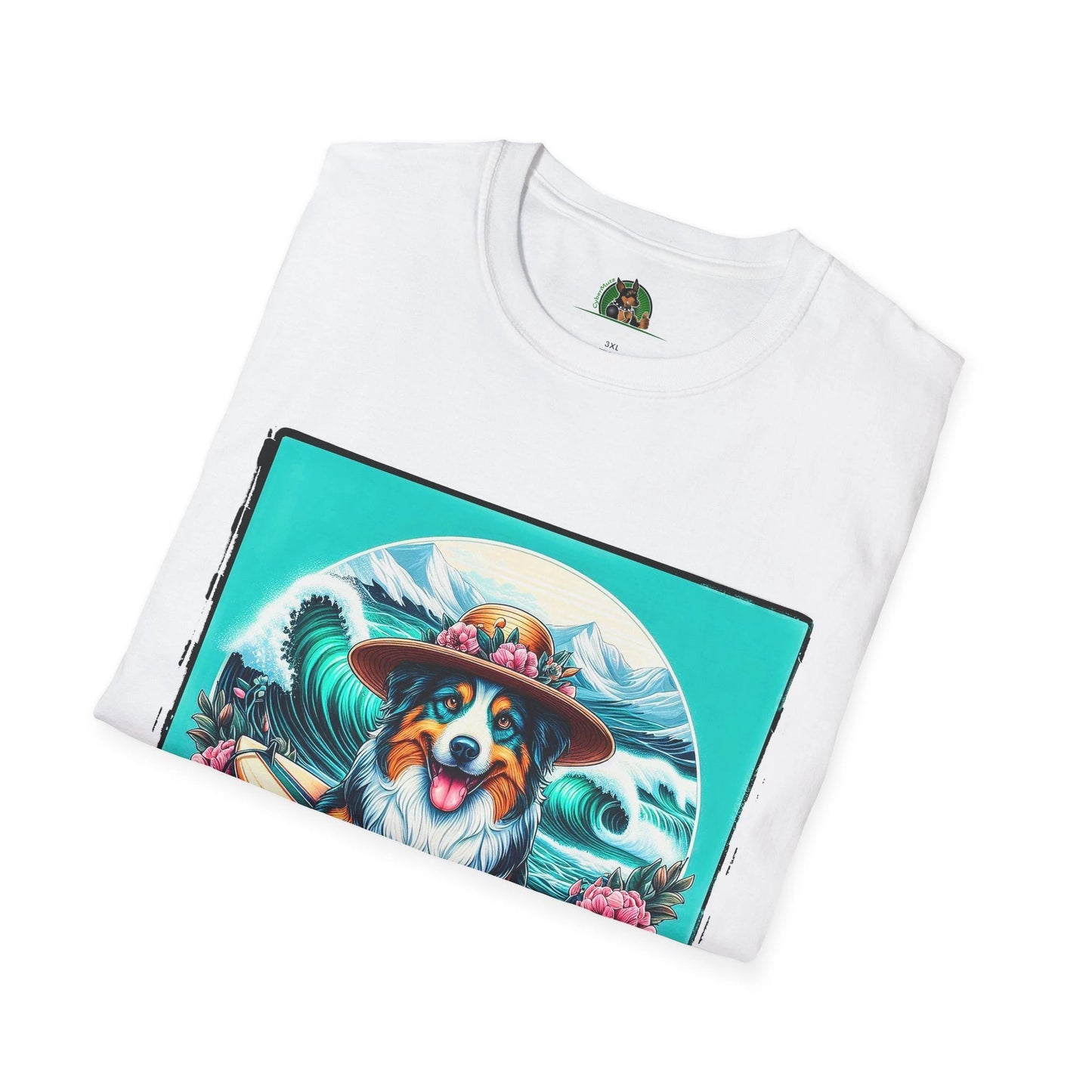 Australian Shepherd Unisex Tee With Floral Hat Surfer Dog Design For Ocean Lovers T-Shirt Printify