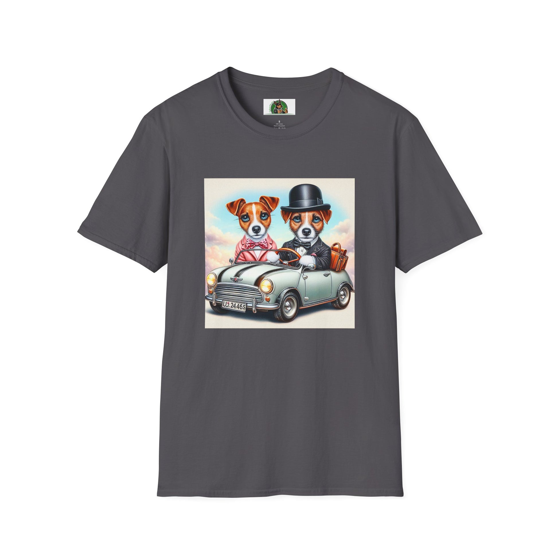 Wacky Jack Russell Top Hat Couple In Car T-Shirt Printify S Charcoal