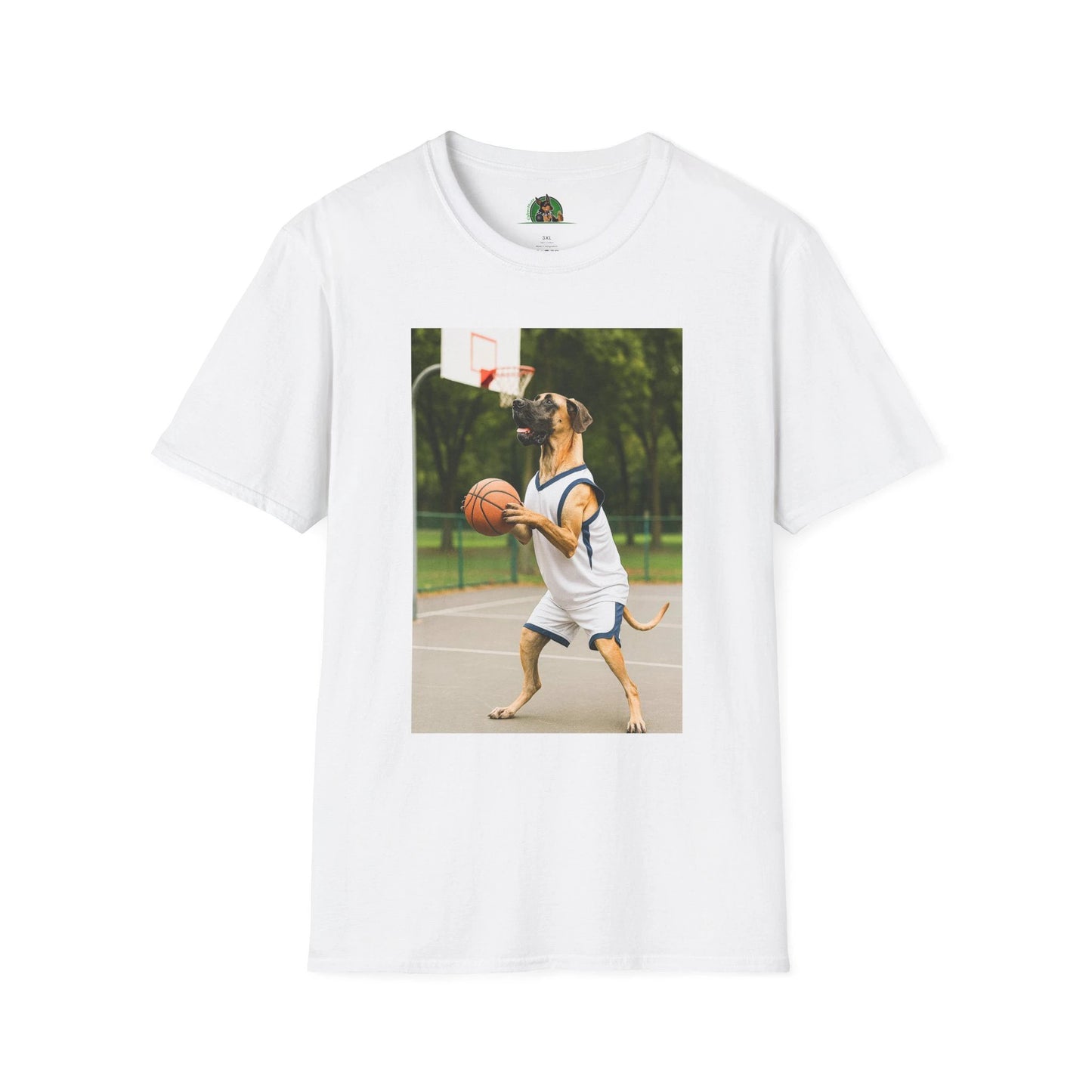 Great Dane Playing Basketball T-Shirt — Sports Dog Tee T-Shirt Printify White S