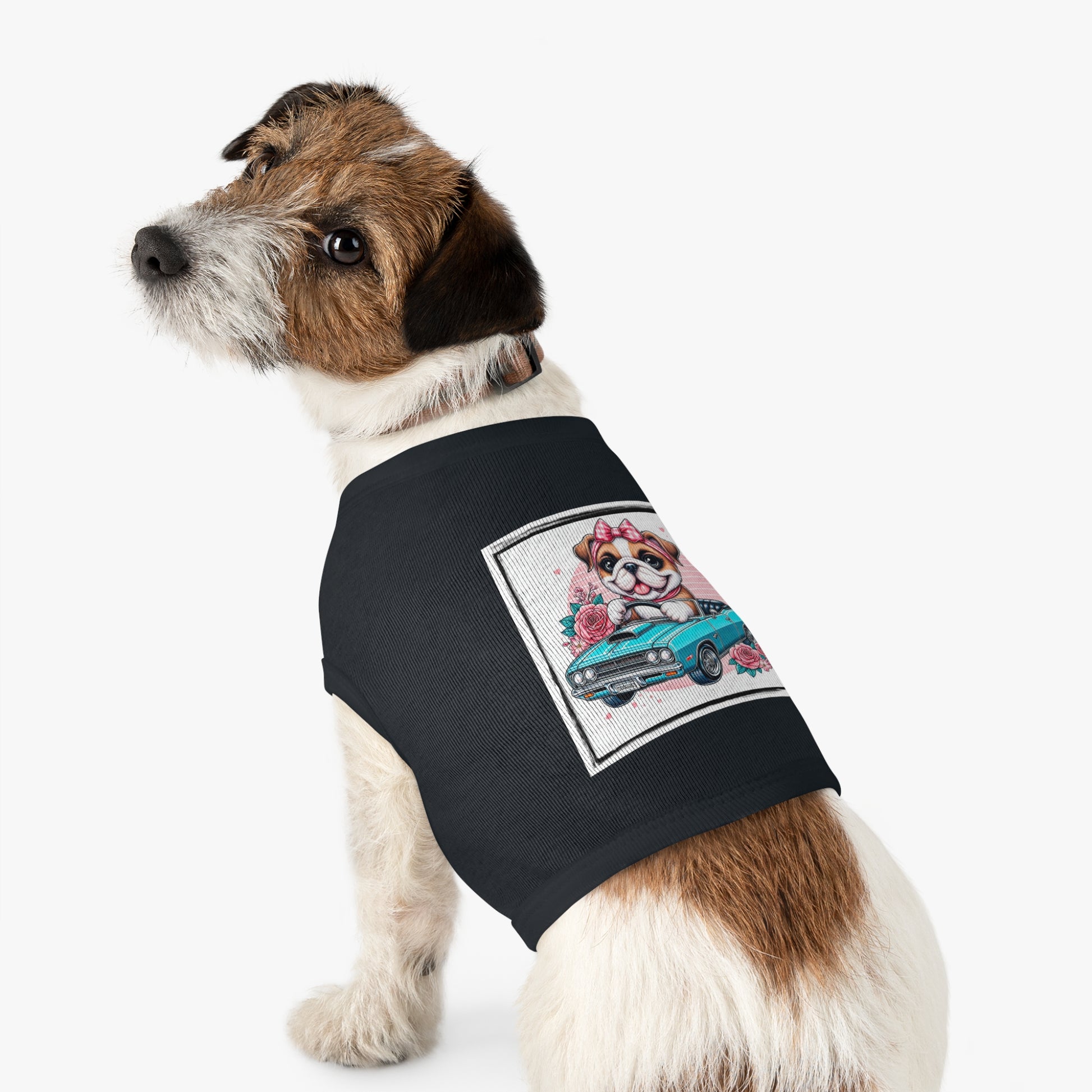 Wacky Pet Tank Top Bulldog tiny blue car t shirt Pets Printify